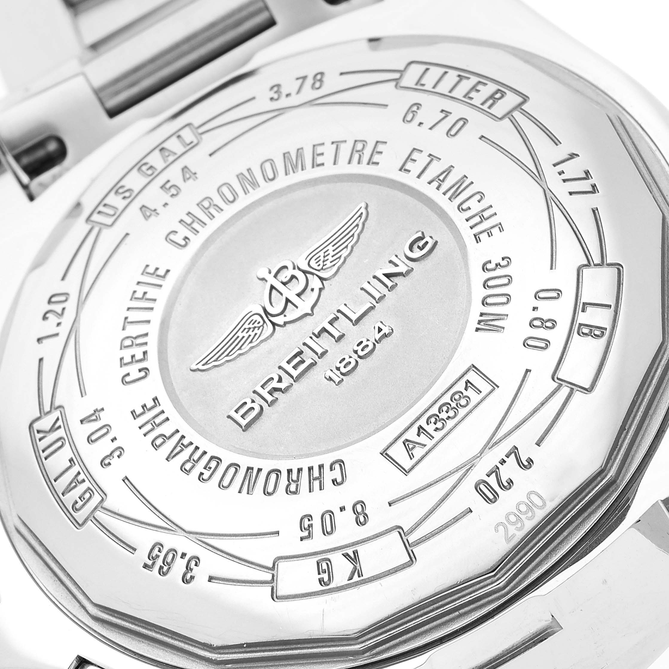 The image shows the back case of the Breitling Avenger A13381 Men's Stainless Steel Blue Dial A13381 Men's Stainless Steel Blue Dial watch, highlighting various engraved specifications.