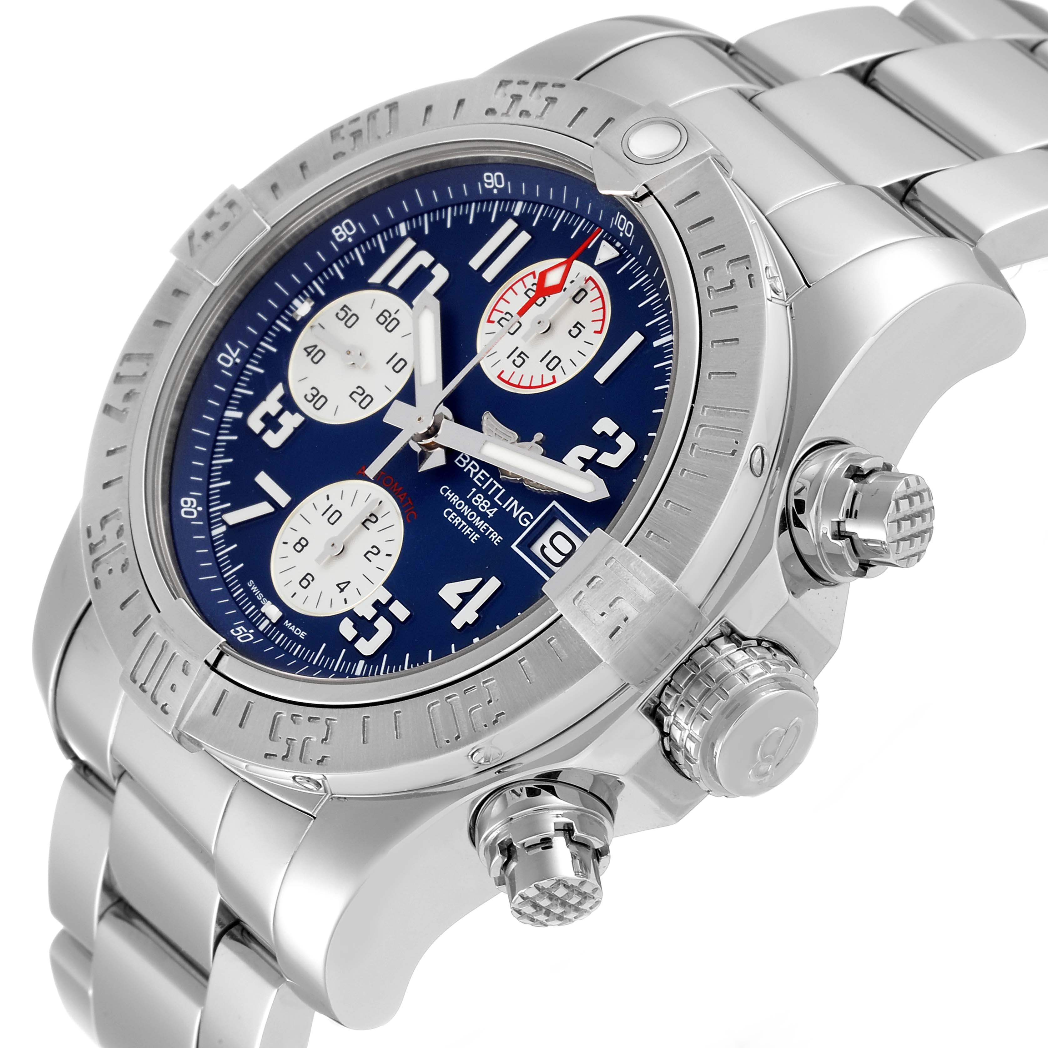 The image shows a Breitling Avenger A13381 Men's Stainless Steel Blue Dial A13381 Men's Stainless Steel Blue Dial watch from a right-side angle, highlighting the bezel, dial, chronograph sub-dials, and crown.