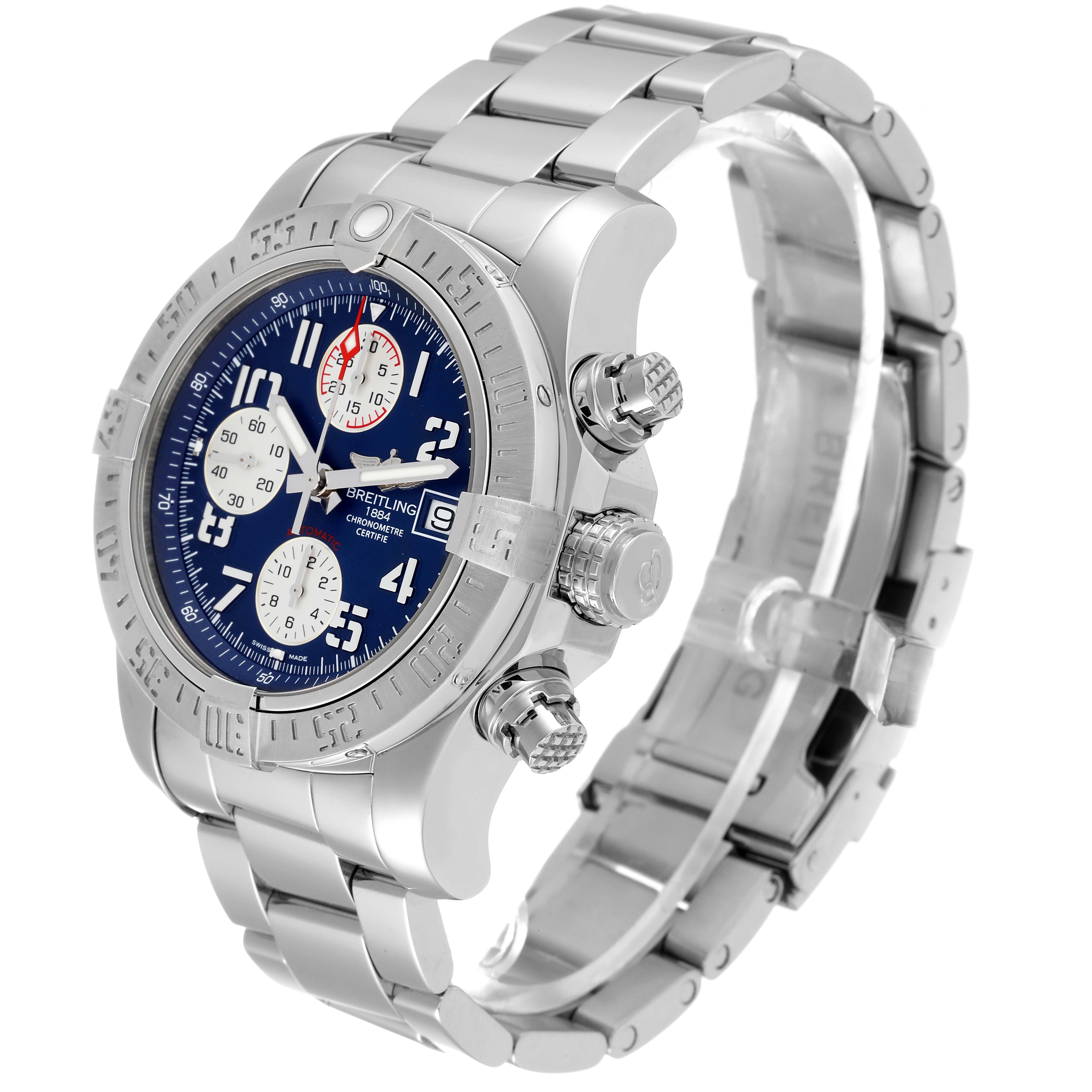 The Breitling Avenger A13381 Men's Stainless Steel Blue Dial A13381 Men's Stainless Steel Blue Dial watch is shown at a slight side angle, displaying its metal bracelet, blue dial, chronograph sub-dials, and date window.