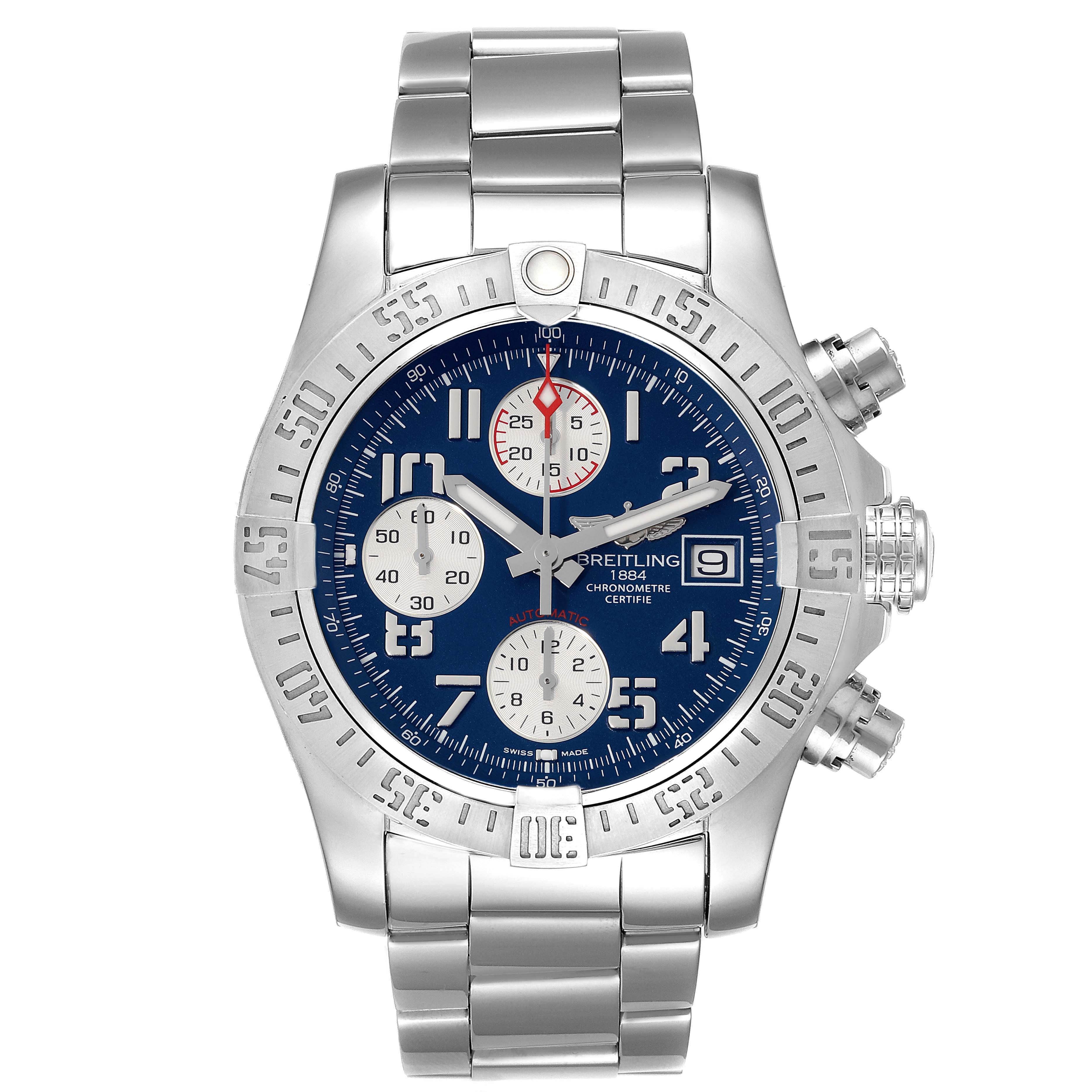 This image shows a front view of a Breitling Avenger A13381 Men's Stainless Steel Blue Dial A13381 Men's Stainless Steel Blue Dial watch, displaying its bezel, dial, subdials, and stainless steel bracelet.
