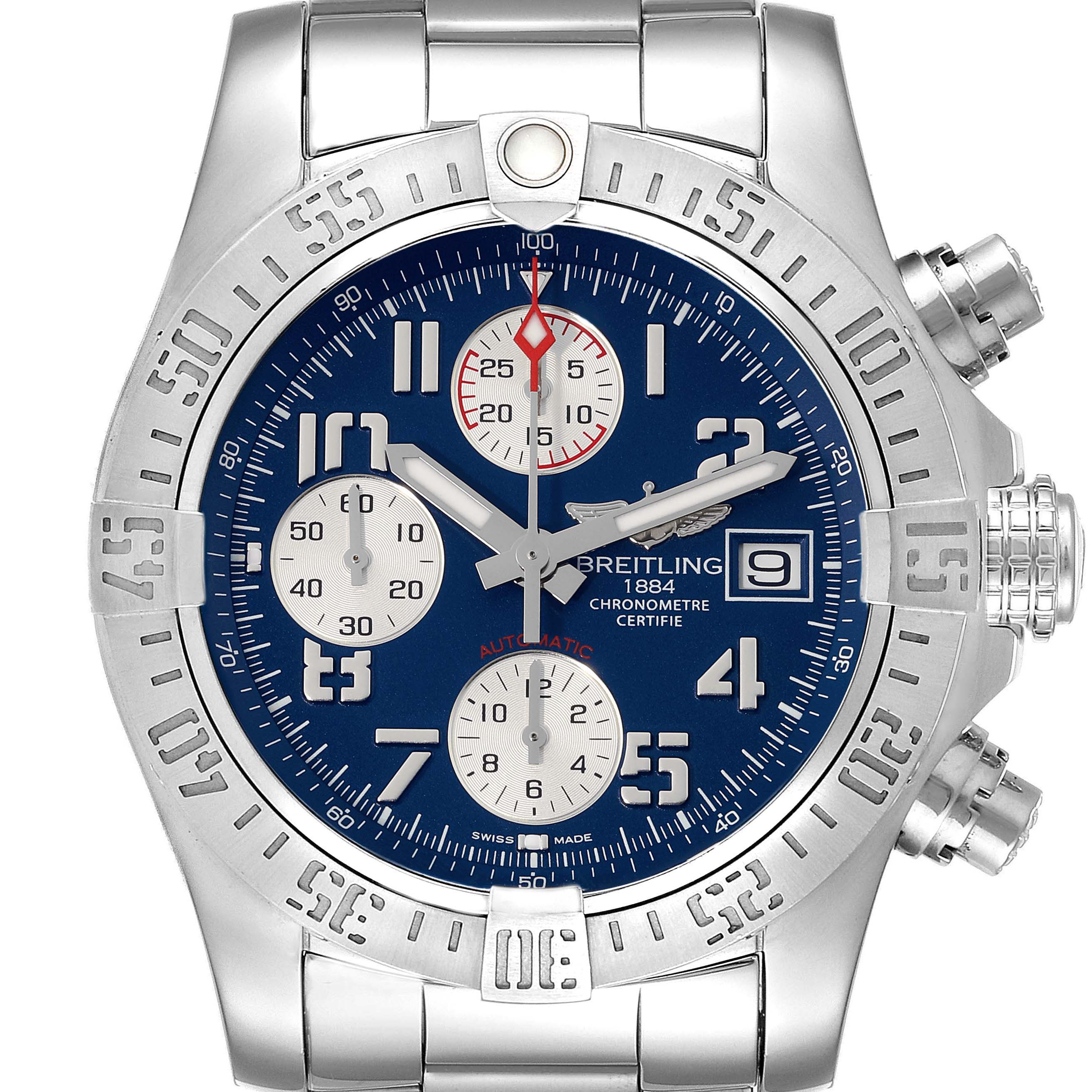 The image shows a front view of a Breitling Avenger A13381 Men's Stainless Steel Blue Dial A13381 Men's Stainless Steel Blue Dial watch featuring a blue dial, chronograph subdials, and a metal bracelet.