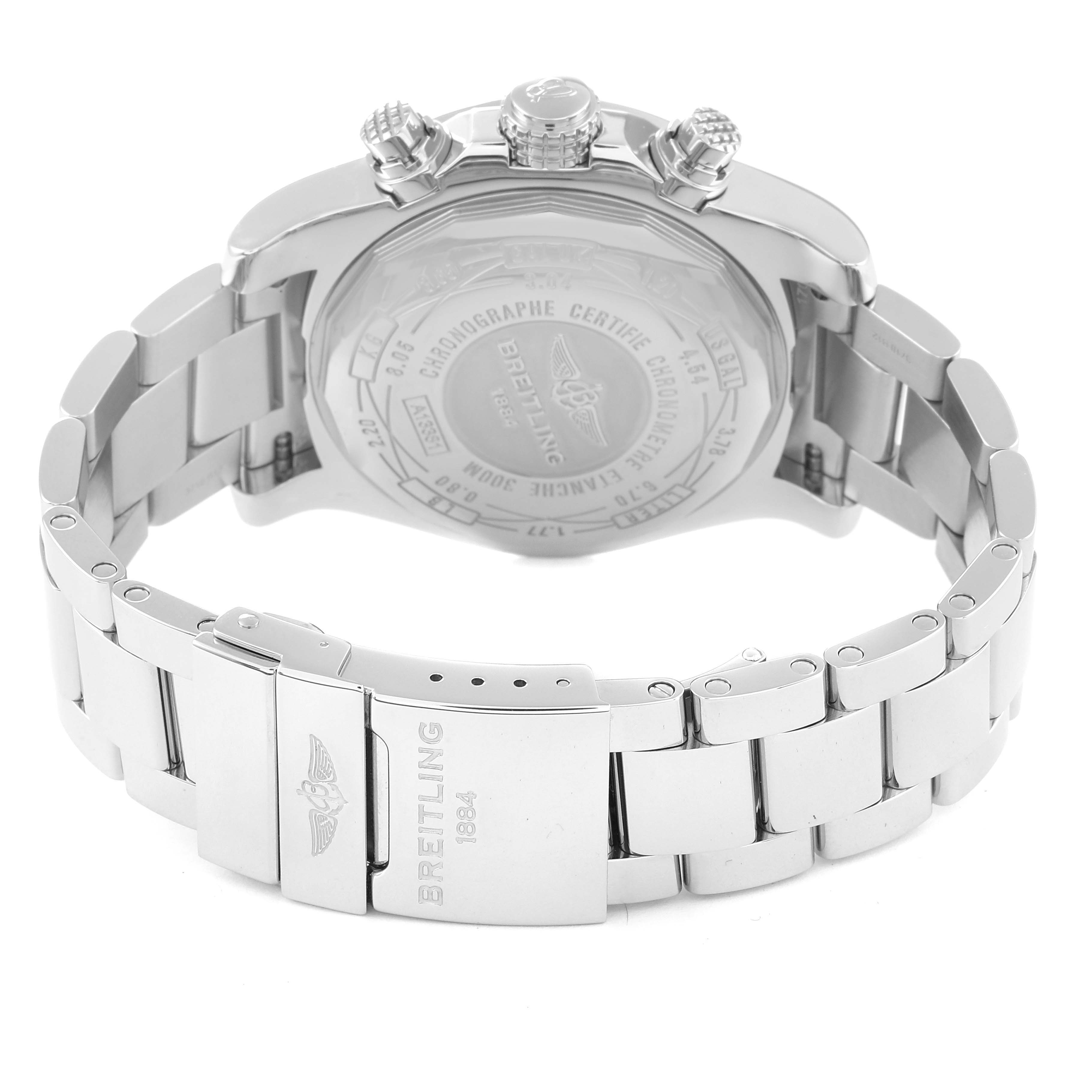 The image displays the back view of a Breitling Avenger A13381 Men's Stainless Steel Blue Dial A13381 Men's Stainless Steel Blue Dial watch, showing the case back and metal bracelet.