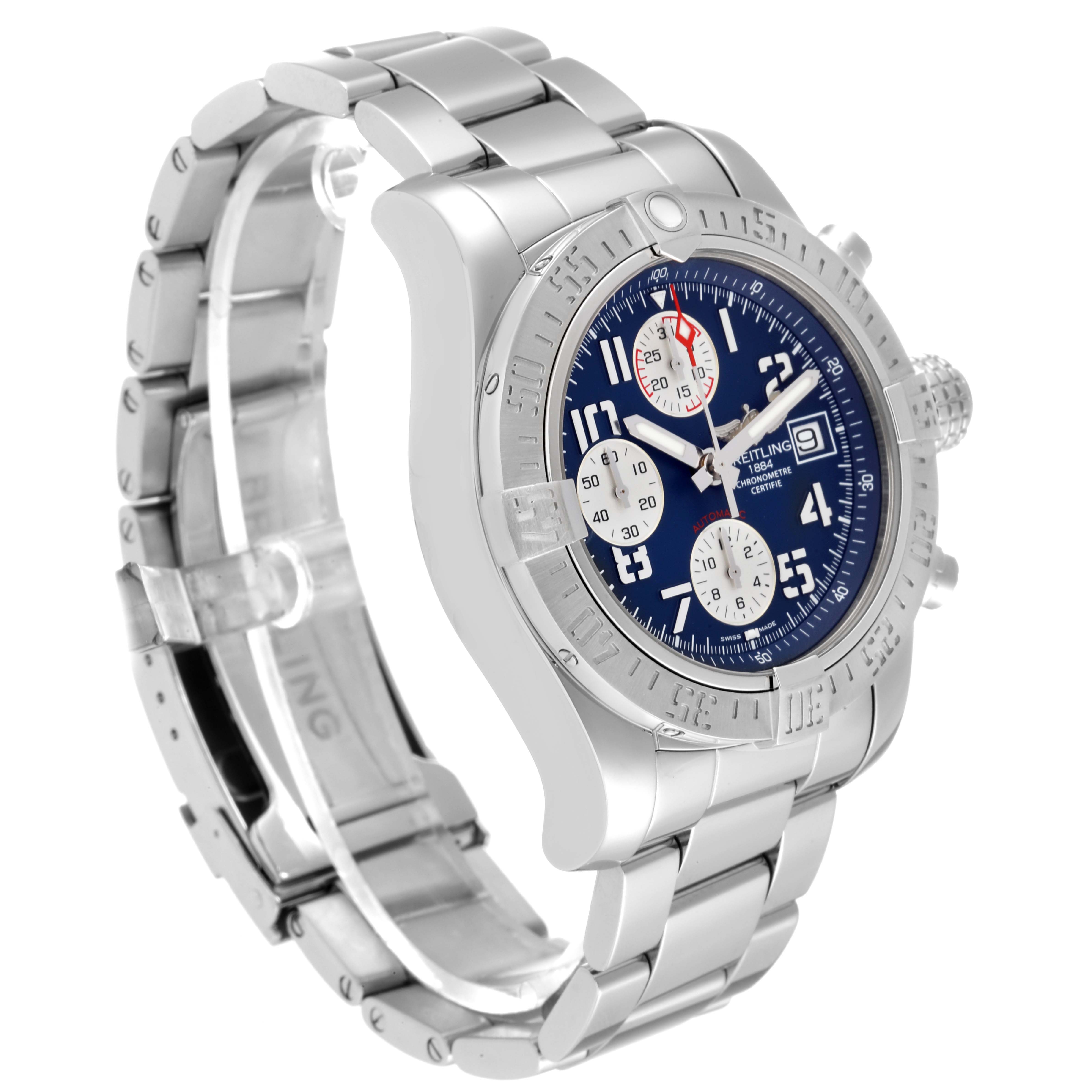 This Breitling Avenger A13381 Men's Stainless Steel Blue Dial A13381 Men's Stainless Steel Blue Dial watch is shown from a three-quarter angle displaying its face, bezel, and metal bracelet.