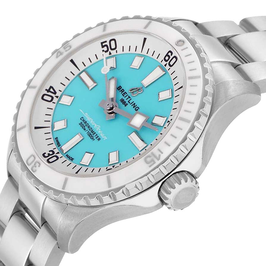 The Breitling A17377211C1A1 Women
s Stainless Steel Blue Dial A17377211C1A1 Women
s Stainless Steel Blue Dial Superocean 36 Ladies Watch A17377 is shown at an angle highlighting the blue dial, bezel, crown, and part of the bracelet.