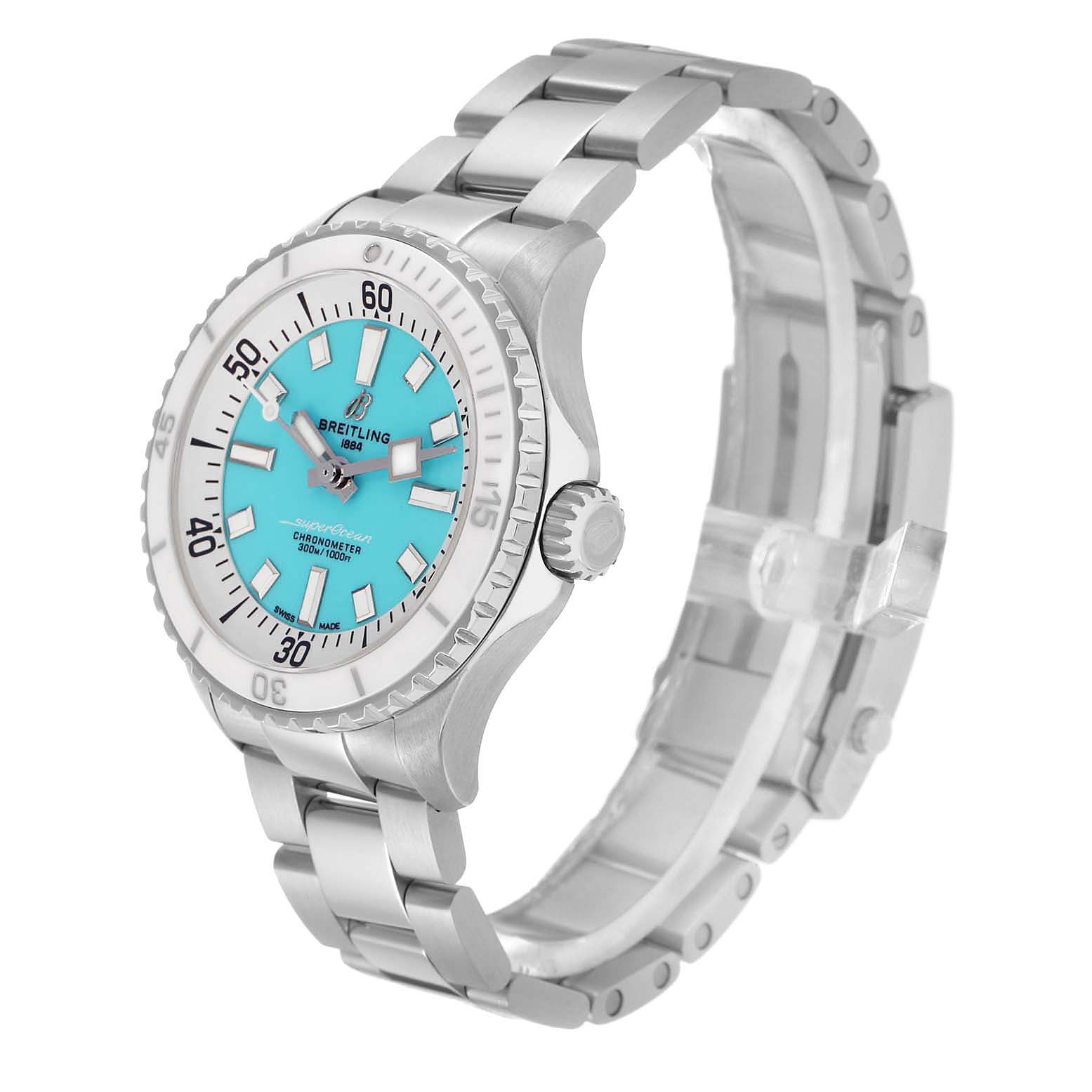 The Breitling A17377211C1A1 Women
s Stainless Steel Blue Dial A17377211C1A1 Women
s Stainless Steel Blue Dial Superocean 36 White Blue Dial Steel Ladies Watch A17377 is shown at a three-quarter angle, highlighting the dial, bezel, and bracelet.