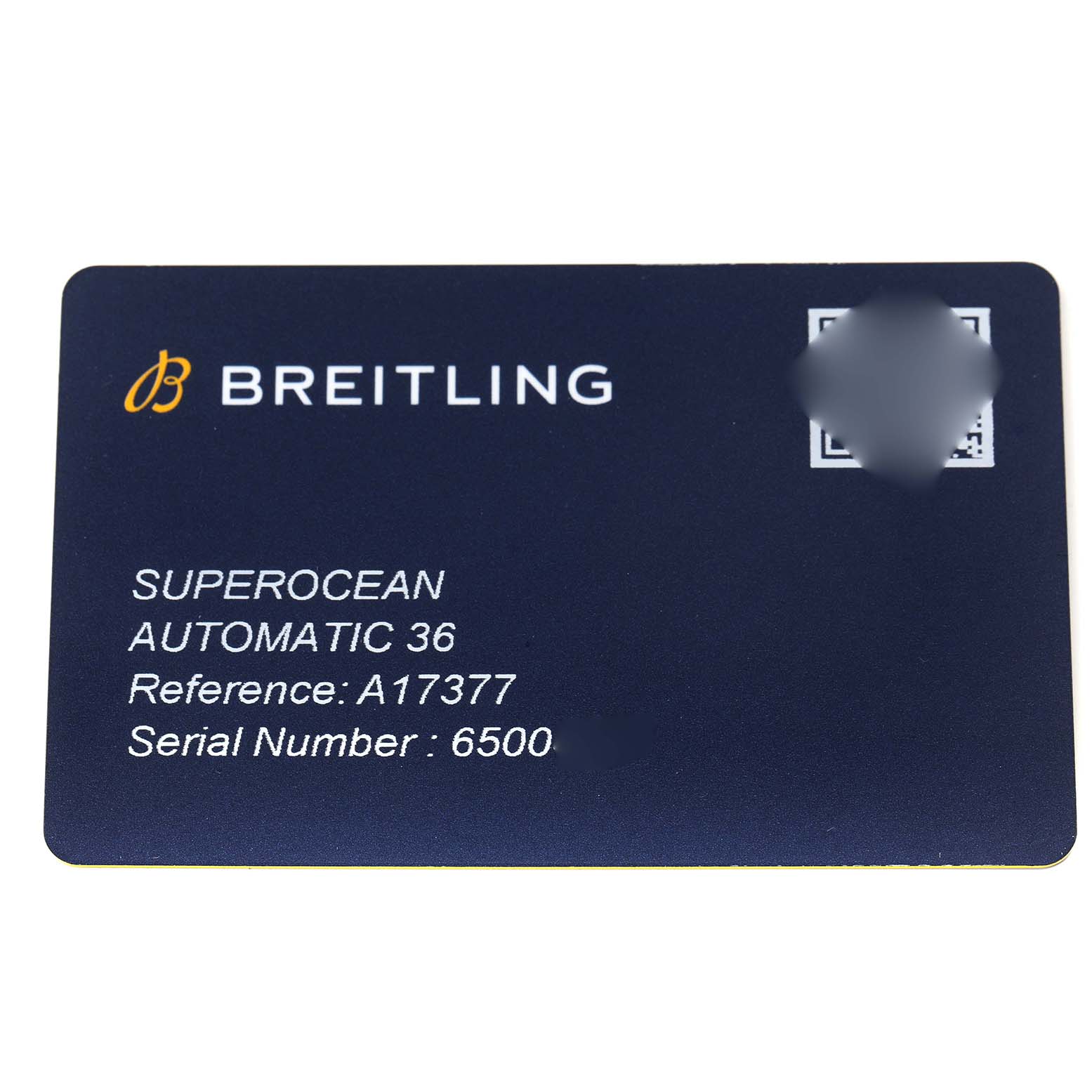 The image shows a warranty card for the Breitling A17377211C1A1 Women
s Stainless Steel Blue Dial A17377211C1A1 Women
s Stainless Steel Blue Dial Superocean 36 Ladies Watch model A17377.