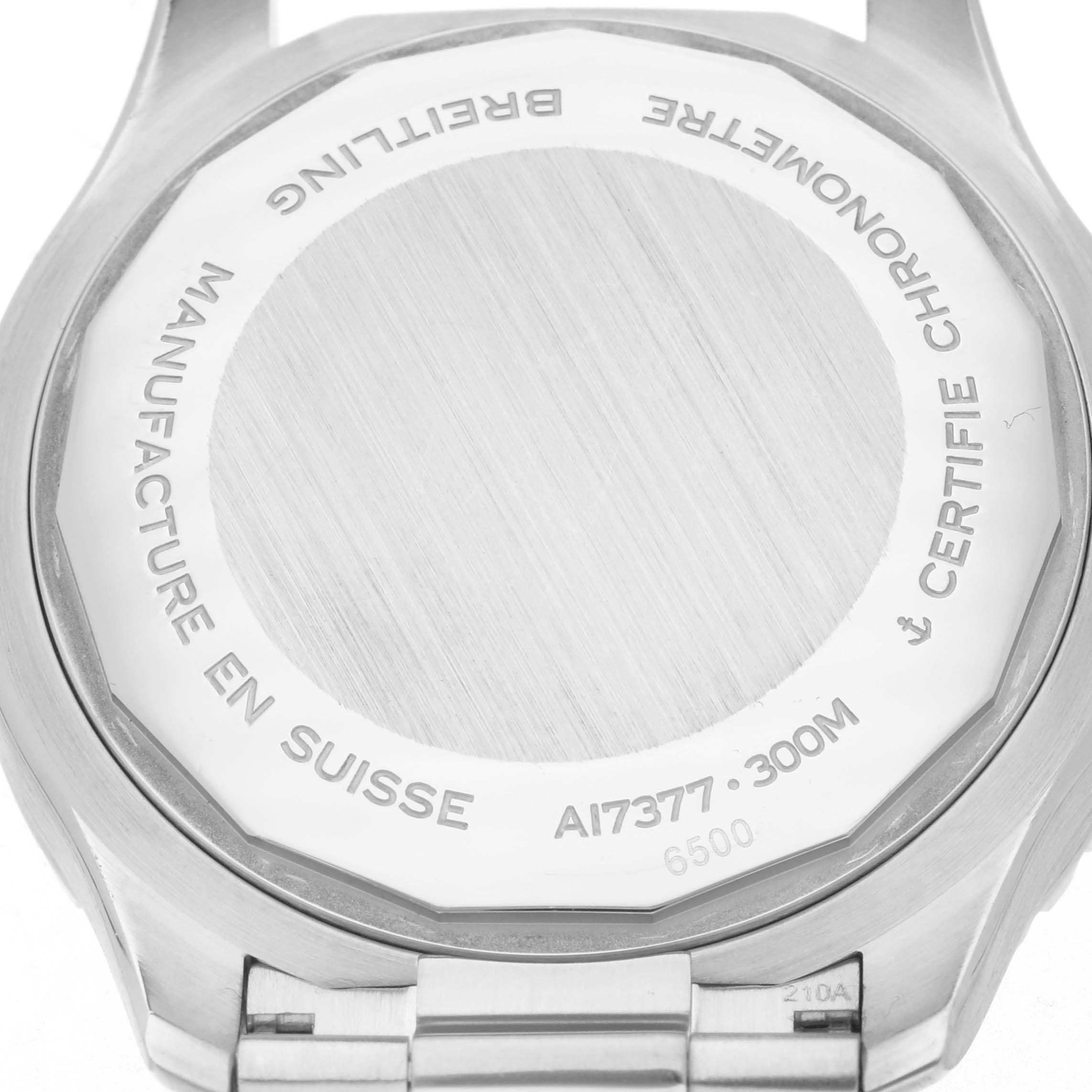 The image shows the back of the Breitling A17377211C1A1 Women
s Stainless Steel Blue Dial A17377211C1A1 Women
s Stainless Steel Blue Dial Superocean 36 White Blue Dial Steel Ladies Watch A17377, highlighting the case back and inscriptions.