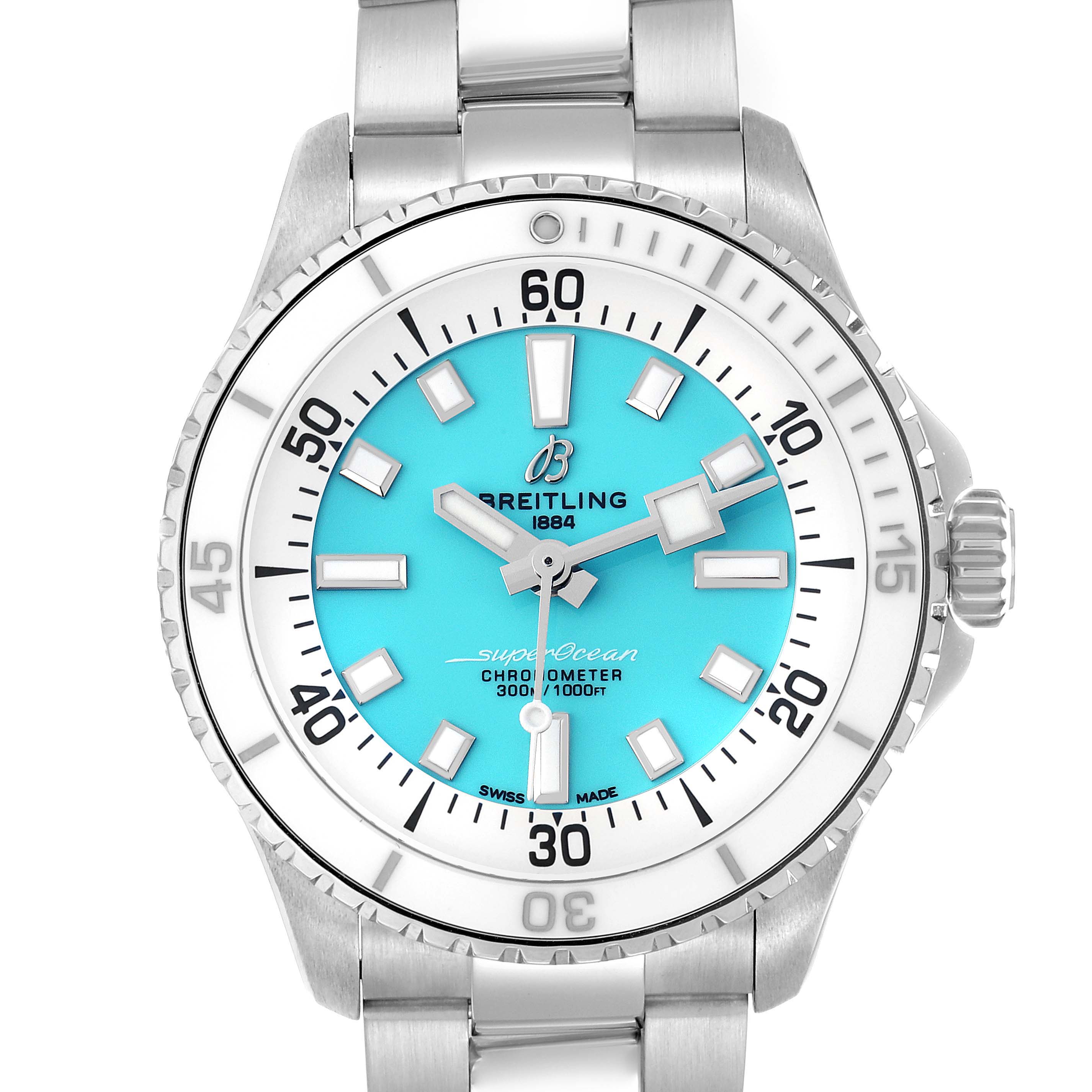 The Breitling A17377211C1A1 Women
s Stainless Steel Blue Dial A17377211C1A1 Women
s Stainless Steel Blue Dial Superocean 36 is shown from the front, highlighting its blue dial, white markers, and stainless steel bracelet.