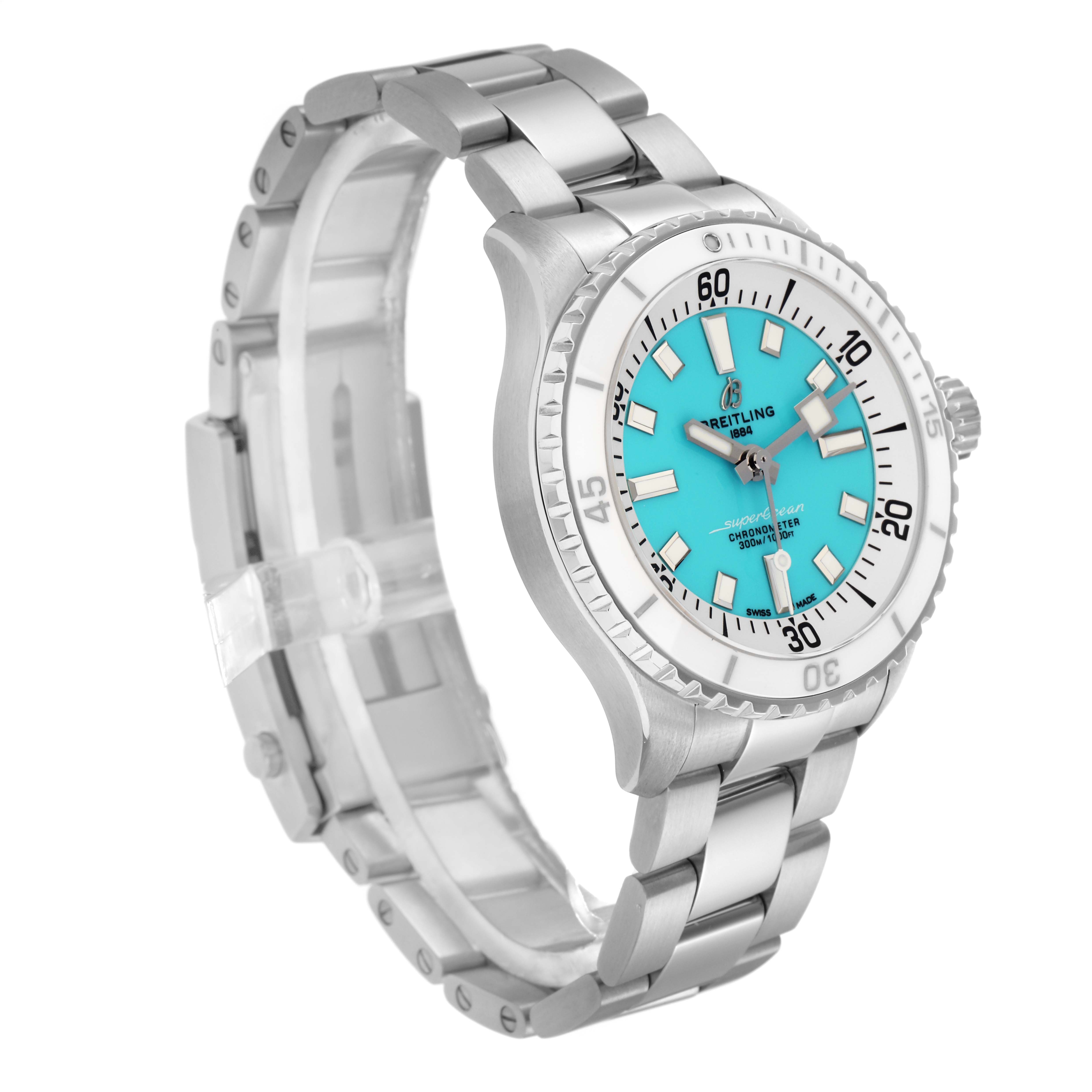 The Breitling A17377211C1A1 Women
s Stainless Steel Blue Dial A17377211C1A1 Women
s Stainless Steel Blue Dial Superocean 36 shows a side angle highlighting the blue dial, steel case, and bracelet.