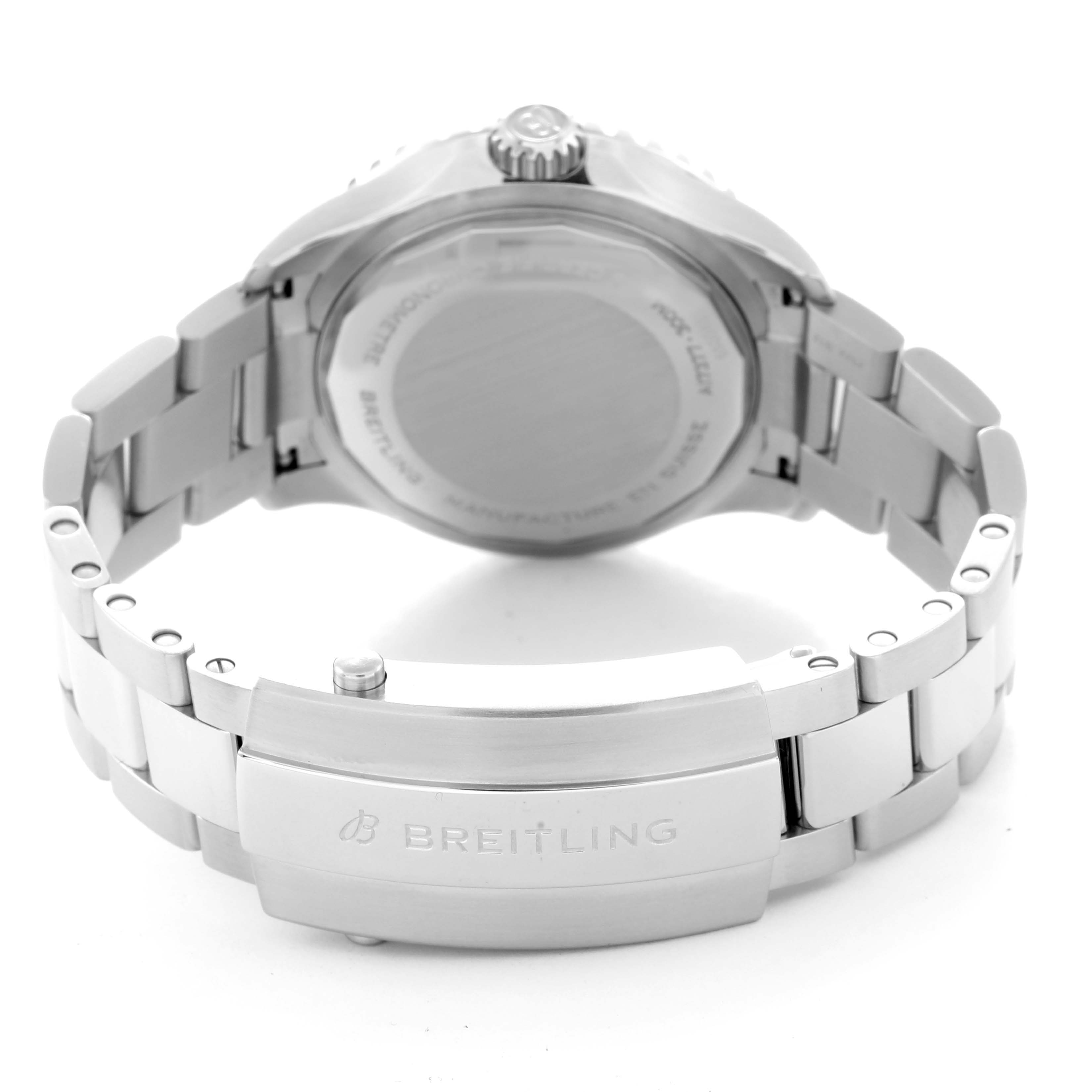 The image shows the back view of the Breitling A17377211C1A1 Women
s Stainless Steel Blue Dial A17377211C1A1 Women
s Stainless Steel Blue Dial Superocean 36 A17377, highlighting the bracelet, clasp, and case back.