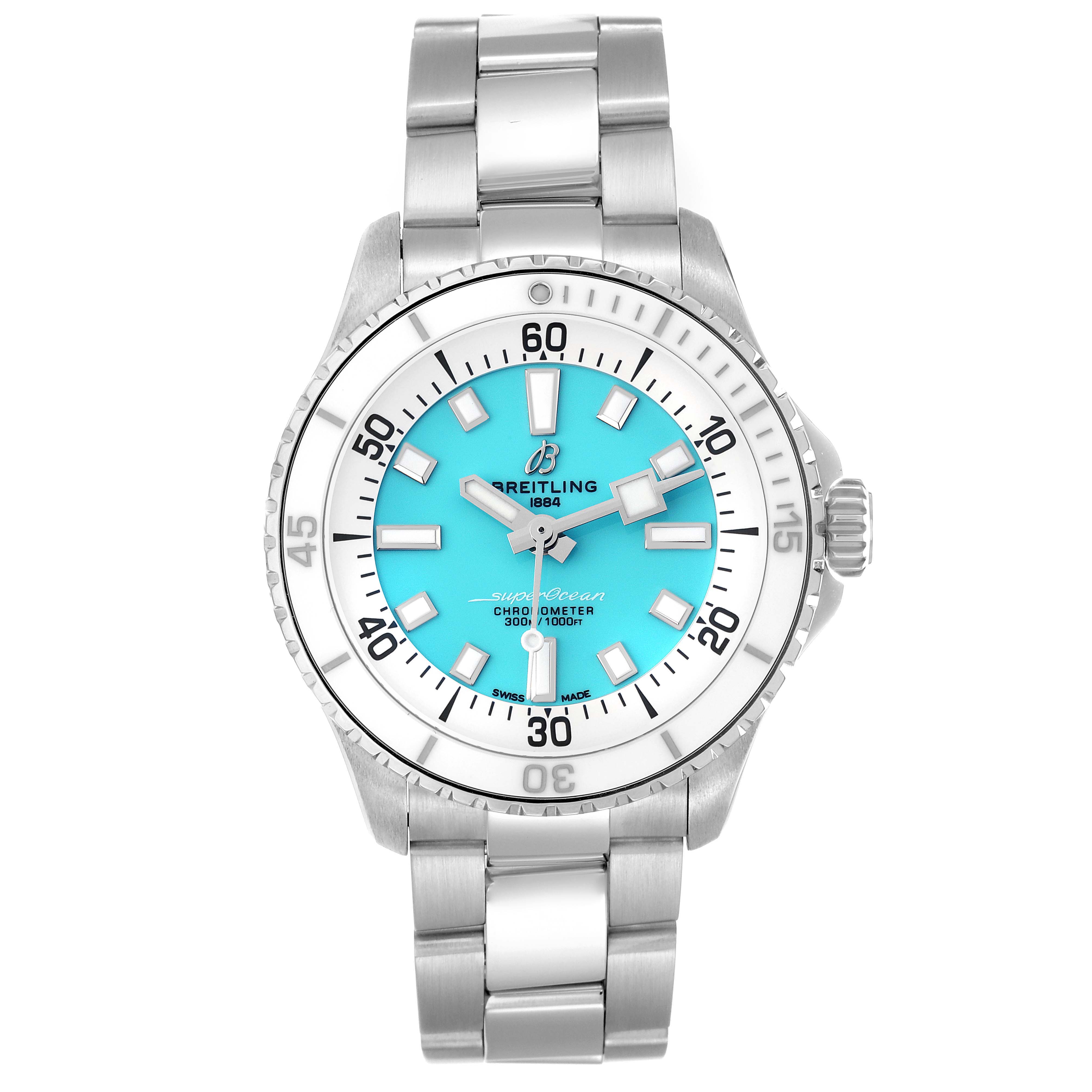 The Breitling A17377211C1A1 Women
s Stainless Steel Blue Dial A17377211C1A1 Women
s Stainless Steel Blue Dial Superocean 36 A17377 is shown from a front angle, displaying its blue dial, stainless steel bezel, and bracelet.