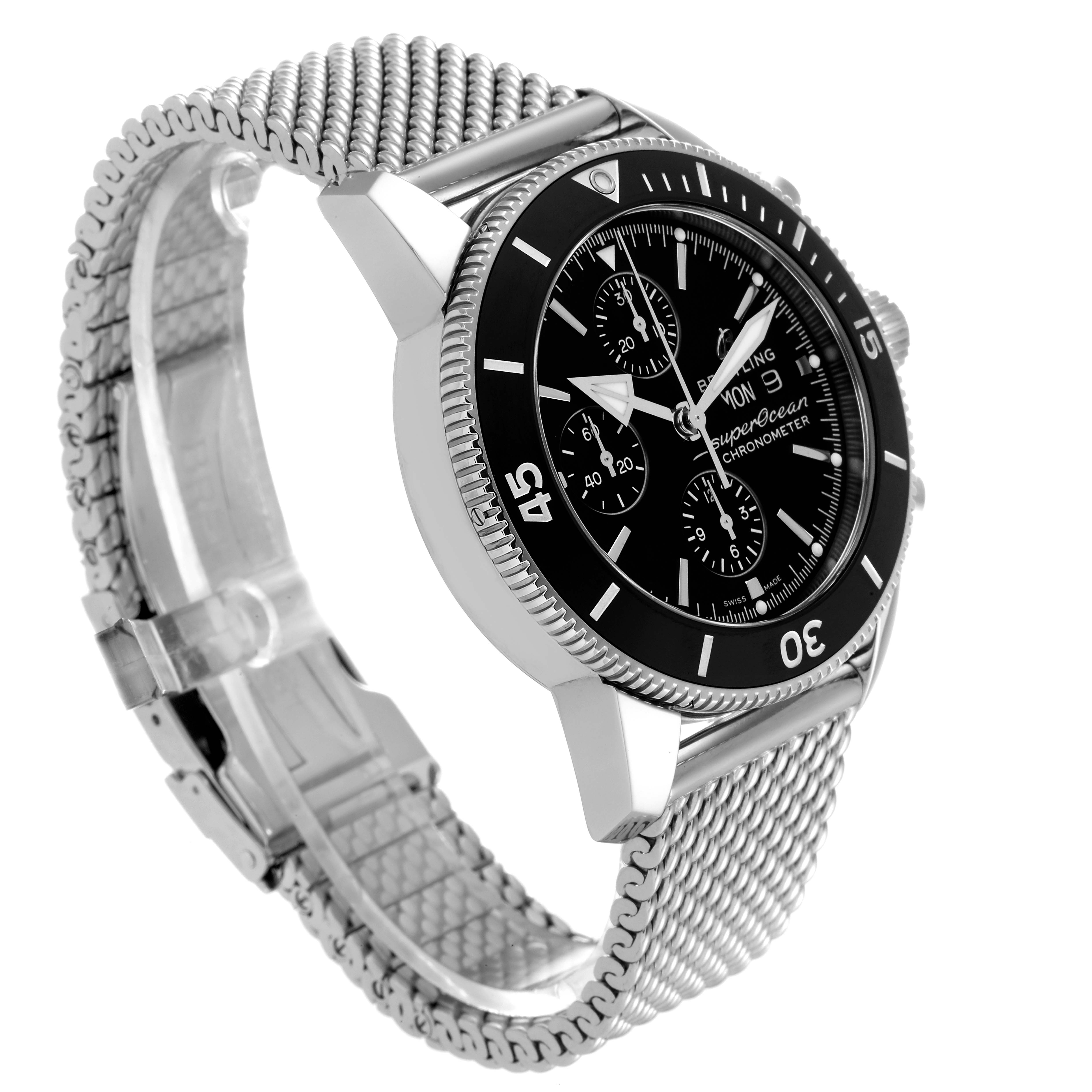 This is a side angle view of the Breitling Superocean A13320 Men's Stainless Steel Black Dial A13320 Men's Stainless Steel Black Dial watch, showcasing its mesh bracelet, chronograph dial, and rotating bezel.