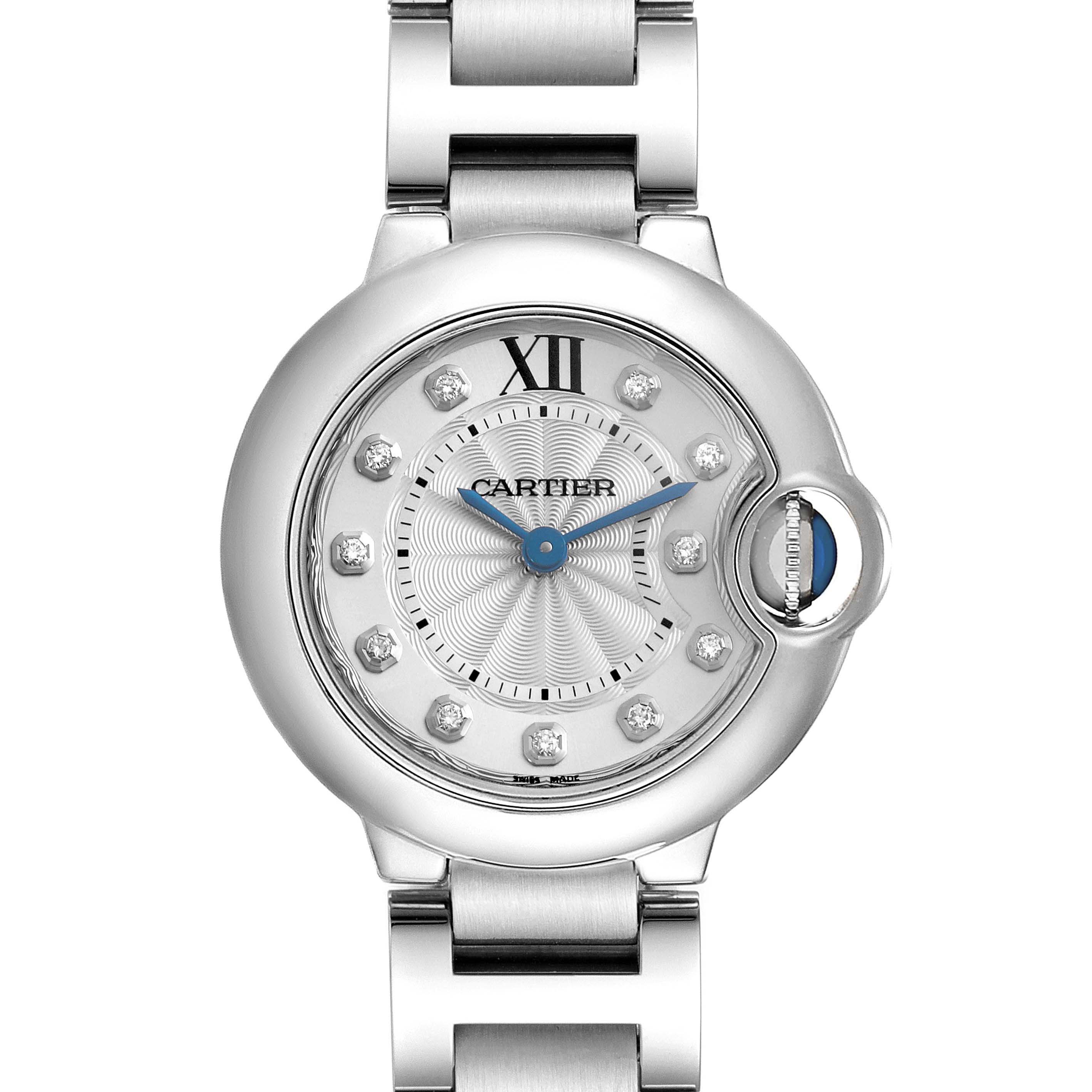 The Cartier Ballon Bleu WE902073 Women's Stainless Steel Silver Dial watch is shown from the front, highlighting its dial, bracelet, and distinct crown.