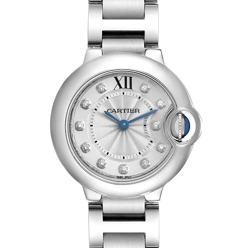 The image shows a frontal view of the Cartier Ballon Bleu WE902073 Women's Stainless Steel Silver Dial watch, highlighting its dial, bezel, crown, and bracelet links.