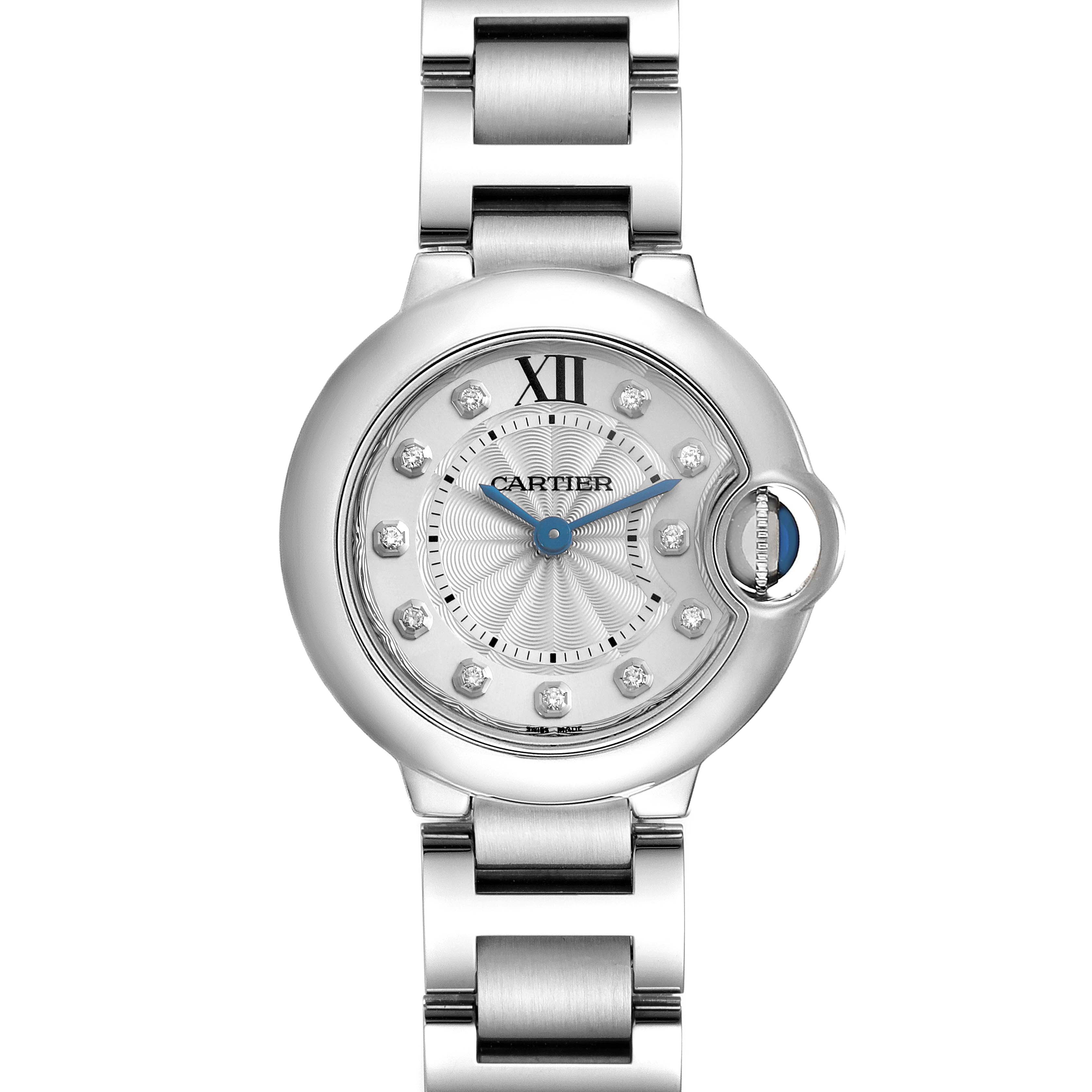 The Cartier Ballon Bleu WE902073 Women
s Stainless Steel Silver Dial WE902073 Women
s Stainless Steel Silver Dial watch is shown from a front angle, highlighting the round case, dial, and bracelet.