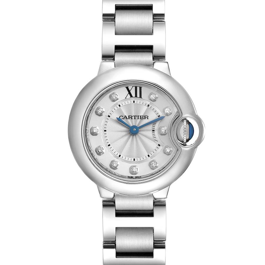 The Cartier Ballon Bleu watch is shown from a front angle, highlighting the round case, dial, and bracelet.