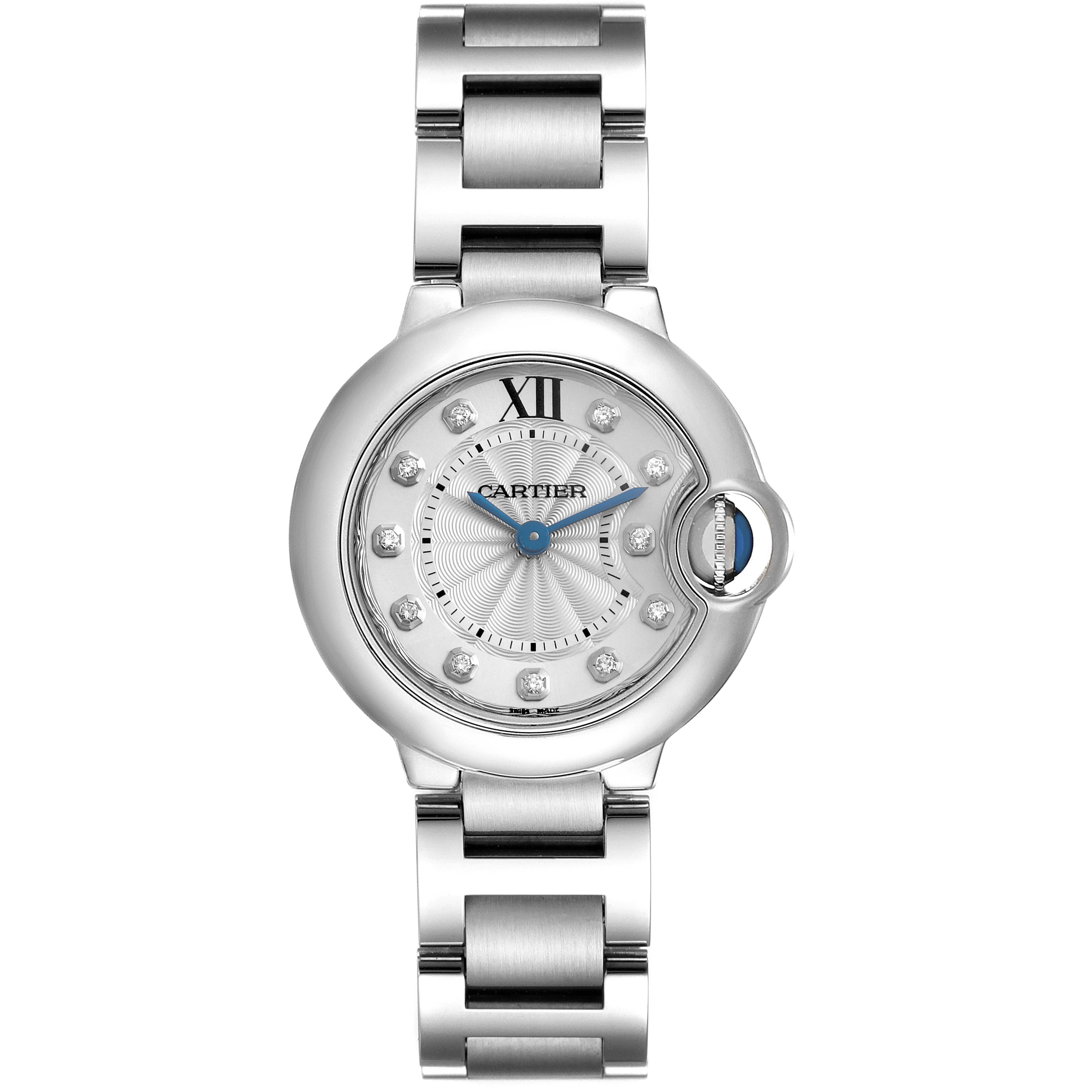 The Cartier Ballon Bleu WE902073 Women
s Stainless Steel Silver Dial WE902073 Women
s Stainless Steel Silver Dial watch is shown from the front, highlighting the dial, blue hands, crown, and bracelet.