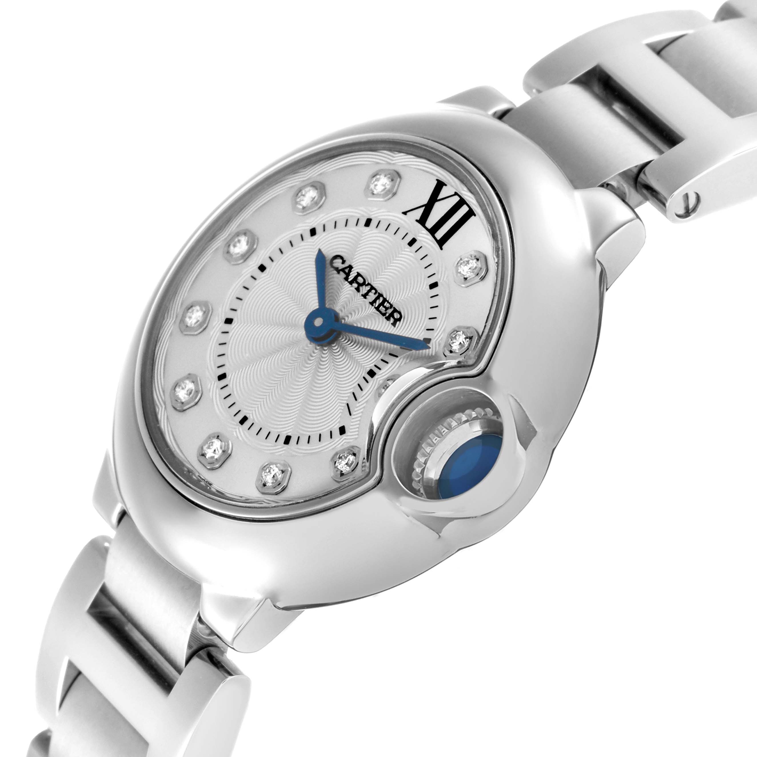 The Cartier Ballon Bleu WE902073 Women
s Stainless Steel Silver Dial WE902073 Women
s Stainless Steel Silver Dial watch is shown at an angled view, highlighting the dial, crown, and part of the bracelet.