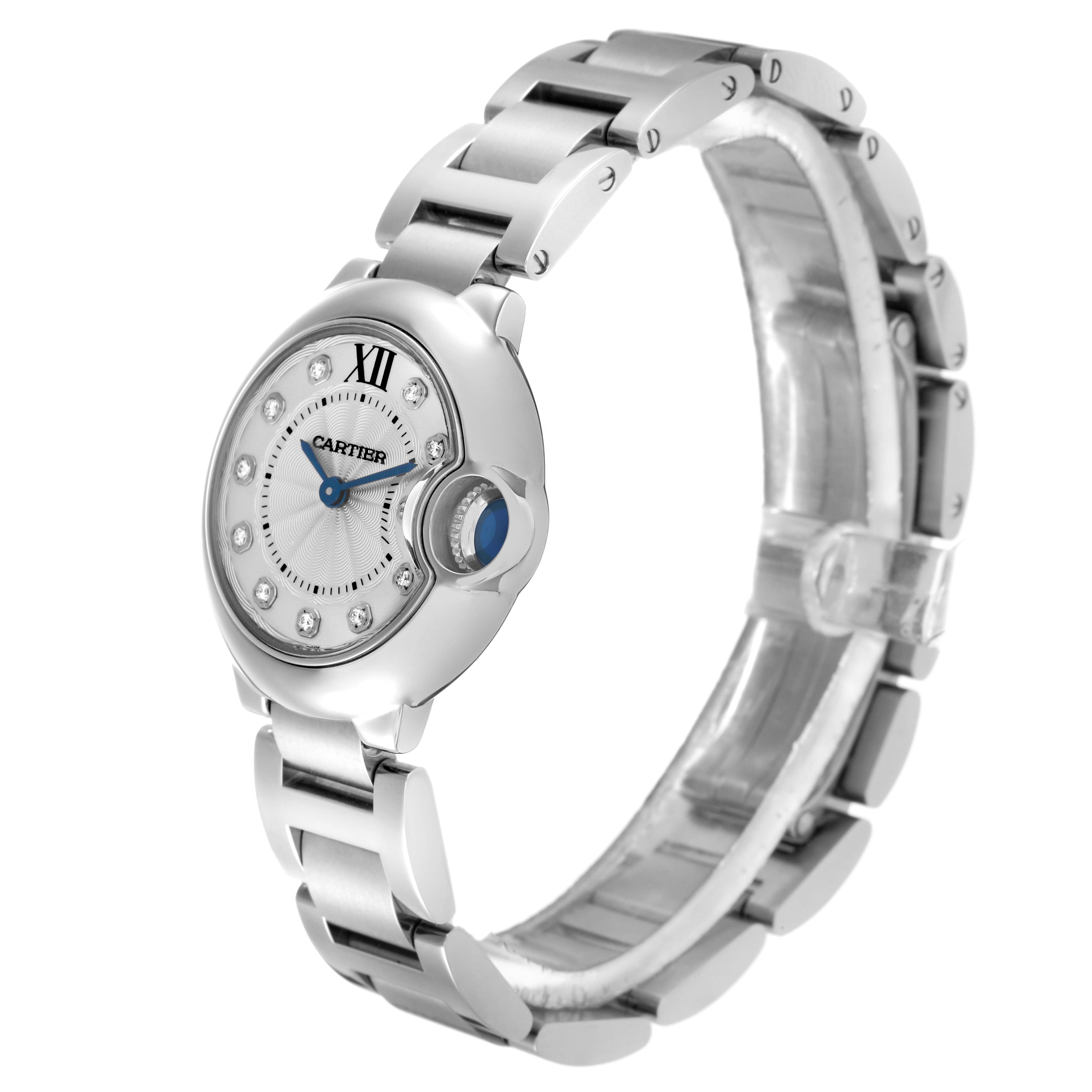 The Cartier Ballon Bleu WE902073 Women
s Stainless Steel Silver Dial WE902073 Women
s Stainless Steel Silver Dial watch is shown from a front-side angle, highlighting the face, crown, and bracelet.