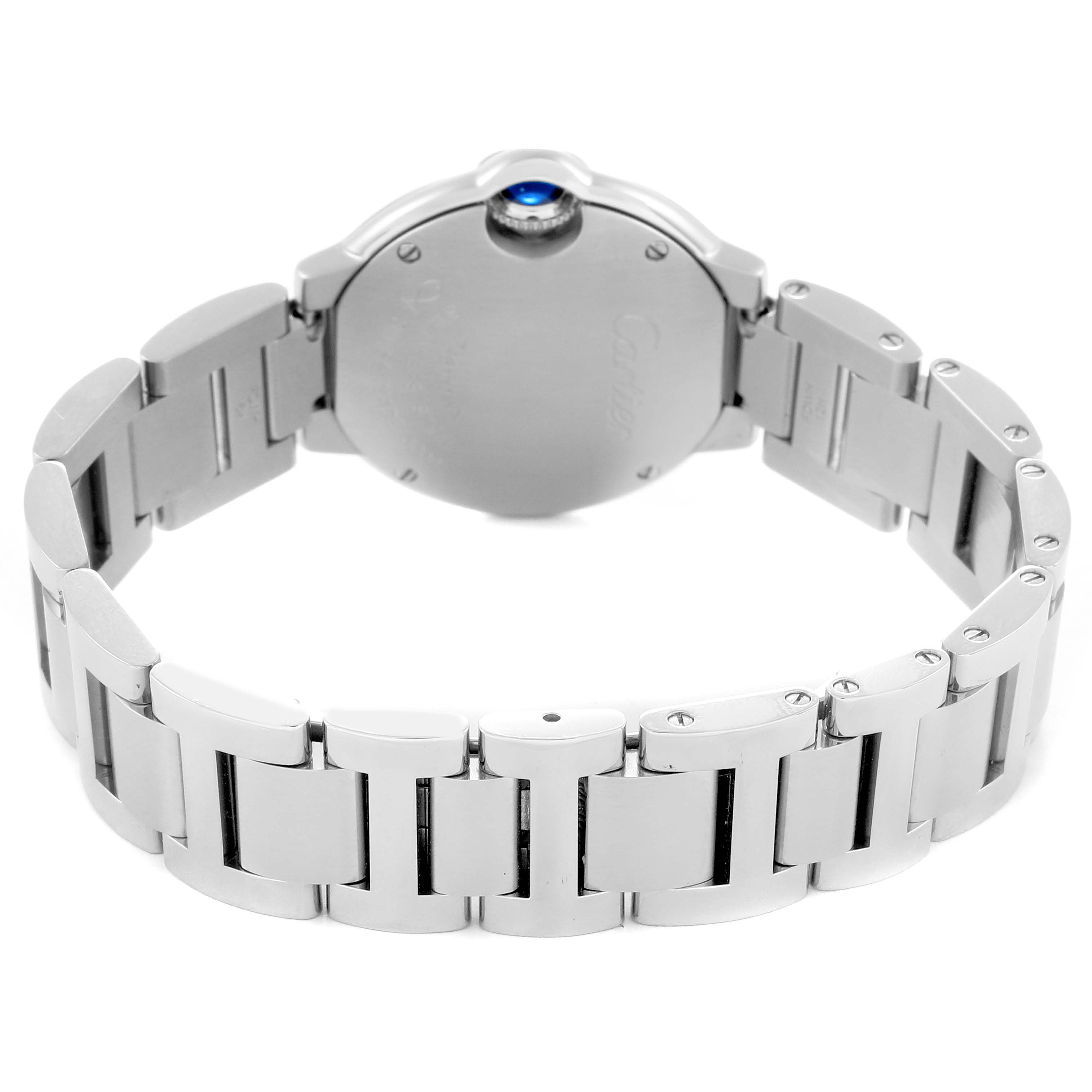 The image shows the back view of a Cartier Ballon Bleu WE902073 Women
s Stainless Steel Silver Dial WE902073 Women
s Stainless Steel Silver Dial watch, focusing on its closed bracelet and case back.