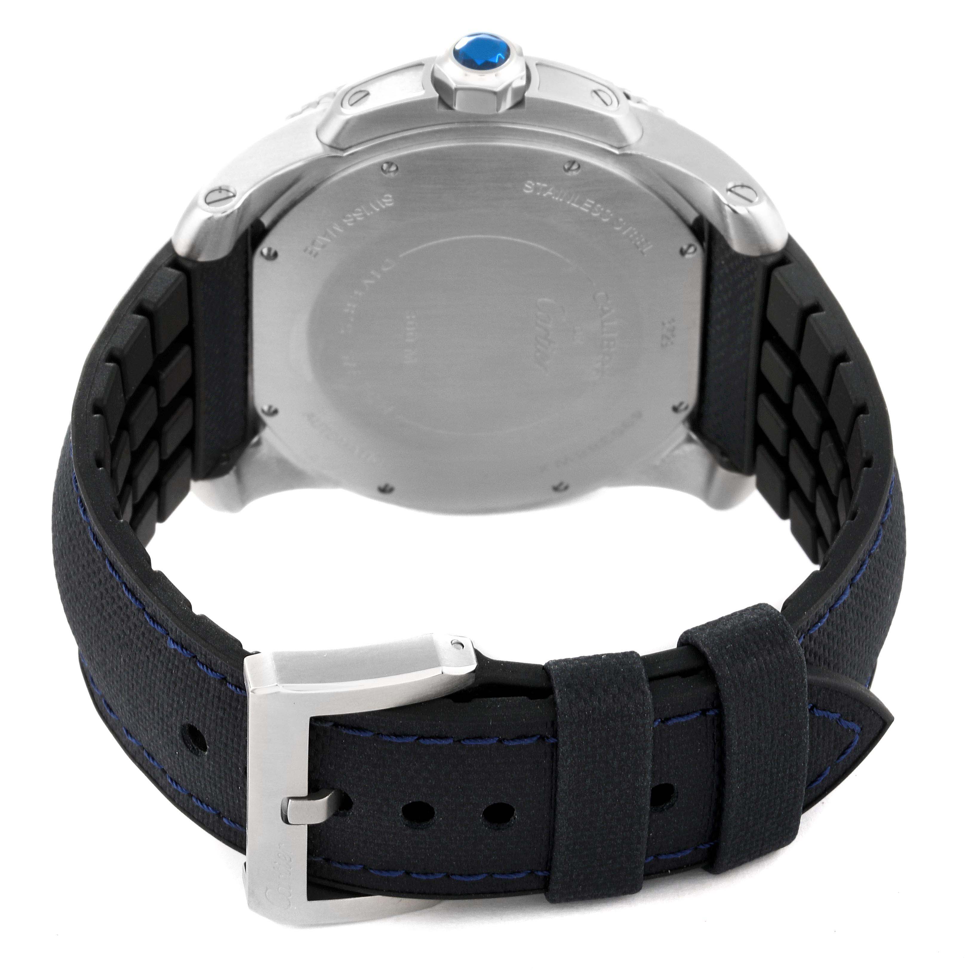 The image shows the back case and strap of the Calibre de Cartier watch by Cartier, viewed from the rear.
