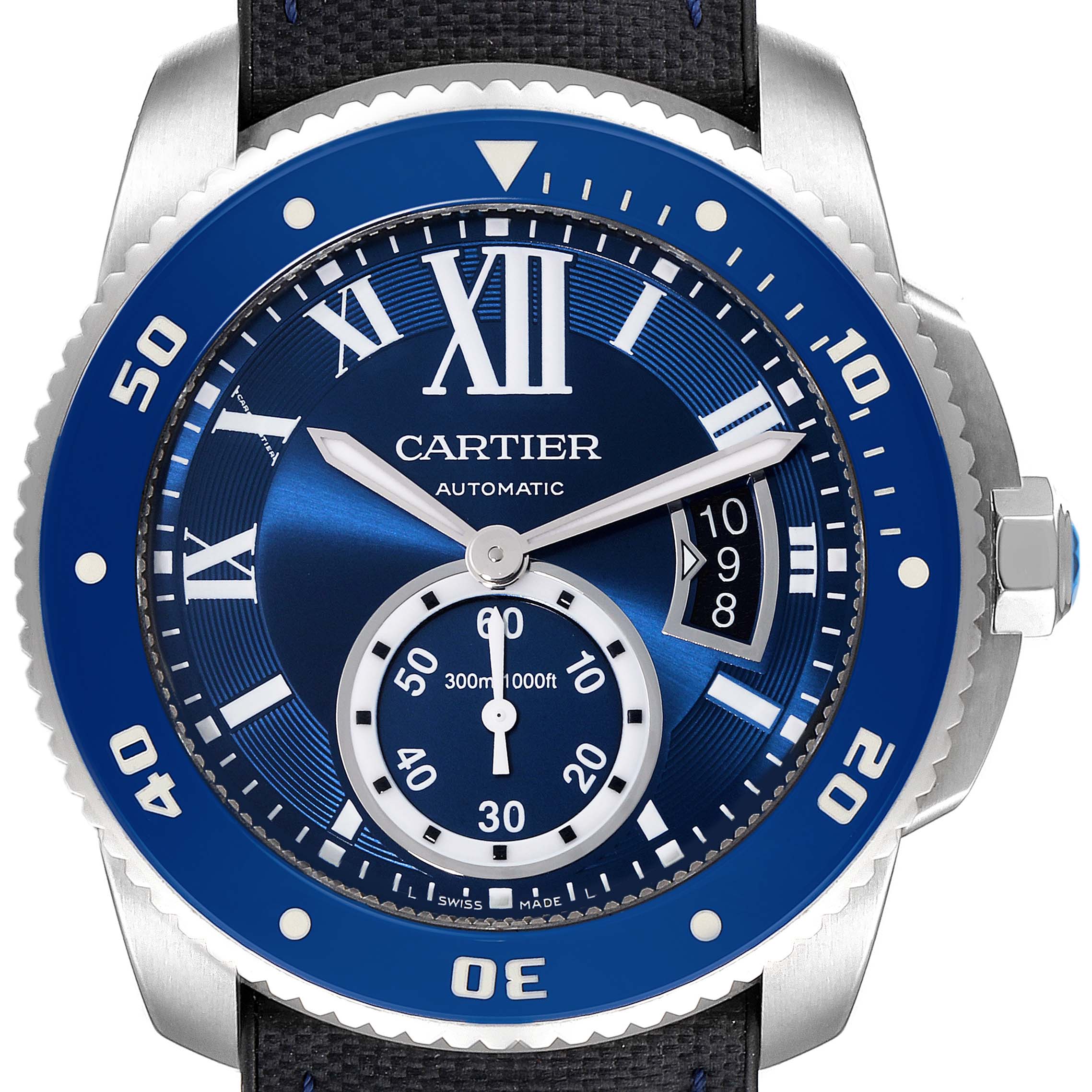 The image shows a frontal view of the Calibre de Cartier model by Cartier, highlighting its blue dial and bezel.