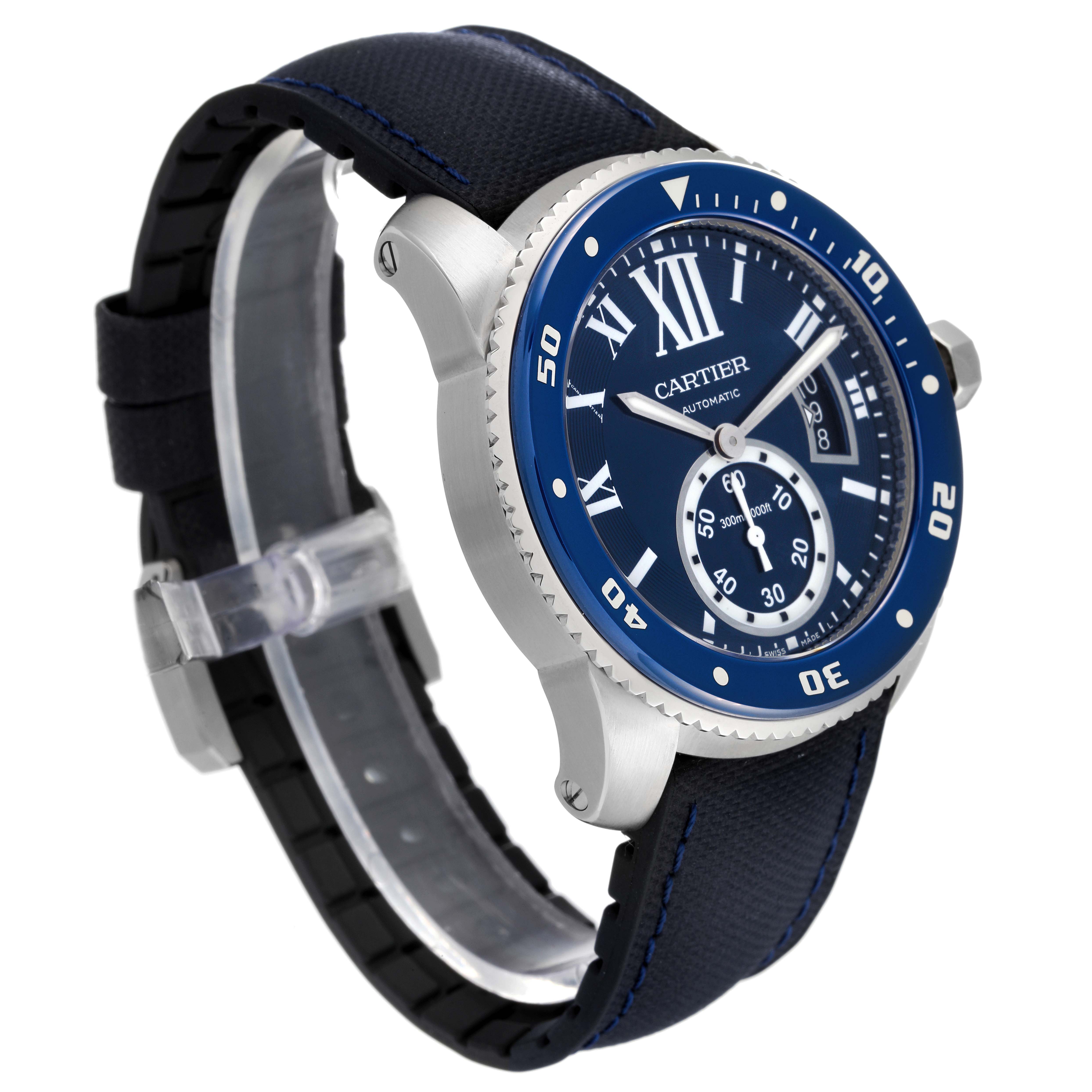 The image shows a side and angled view of the Calibre de Cartier watch by Cartier, highlighting the bezel, face, and strap.