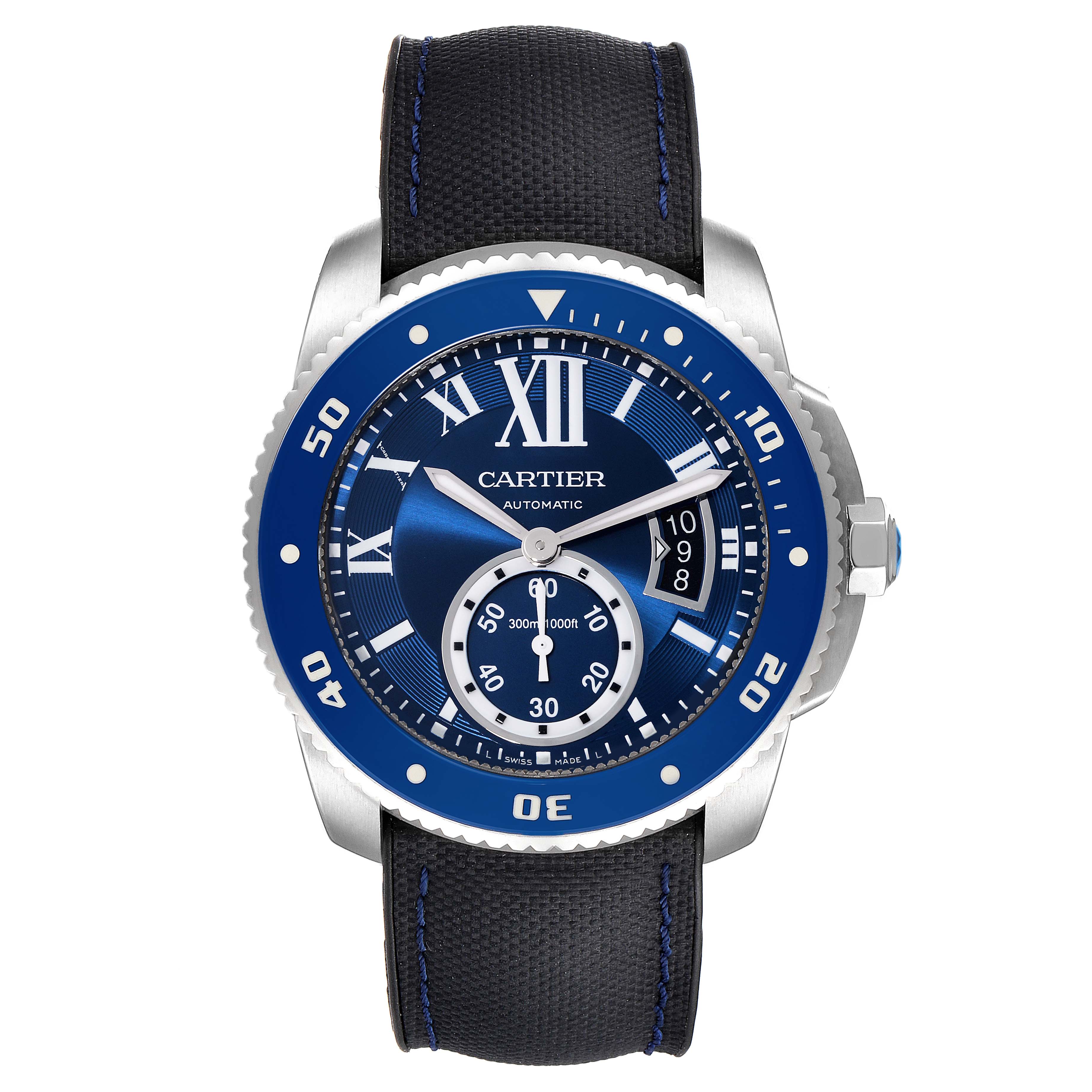 The image shows a front view of the Calibre de Cartier watch by Cartier, displaying the dial, bezel, and strap.