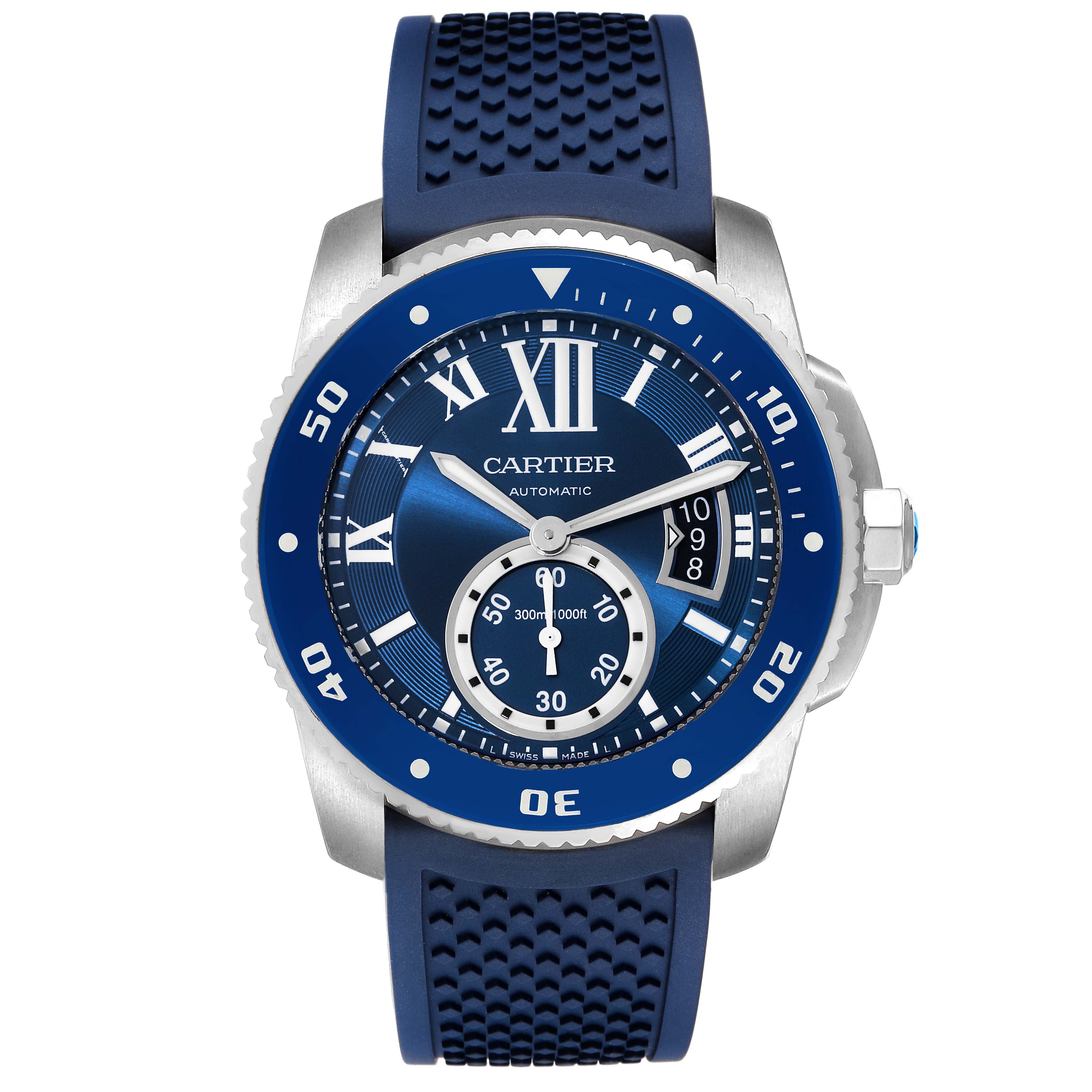 The image shows a front view of the Calibre de Cartier watch by Cartier, featuring a blue dial and strap.