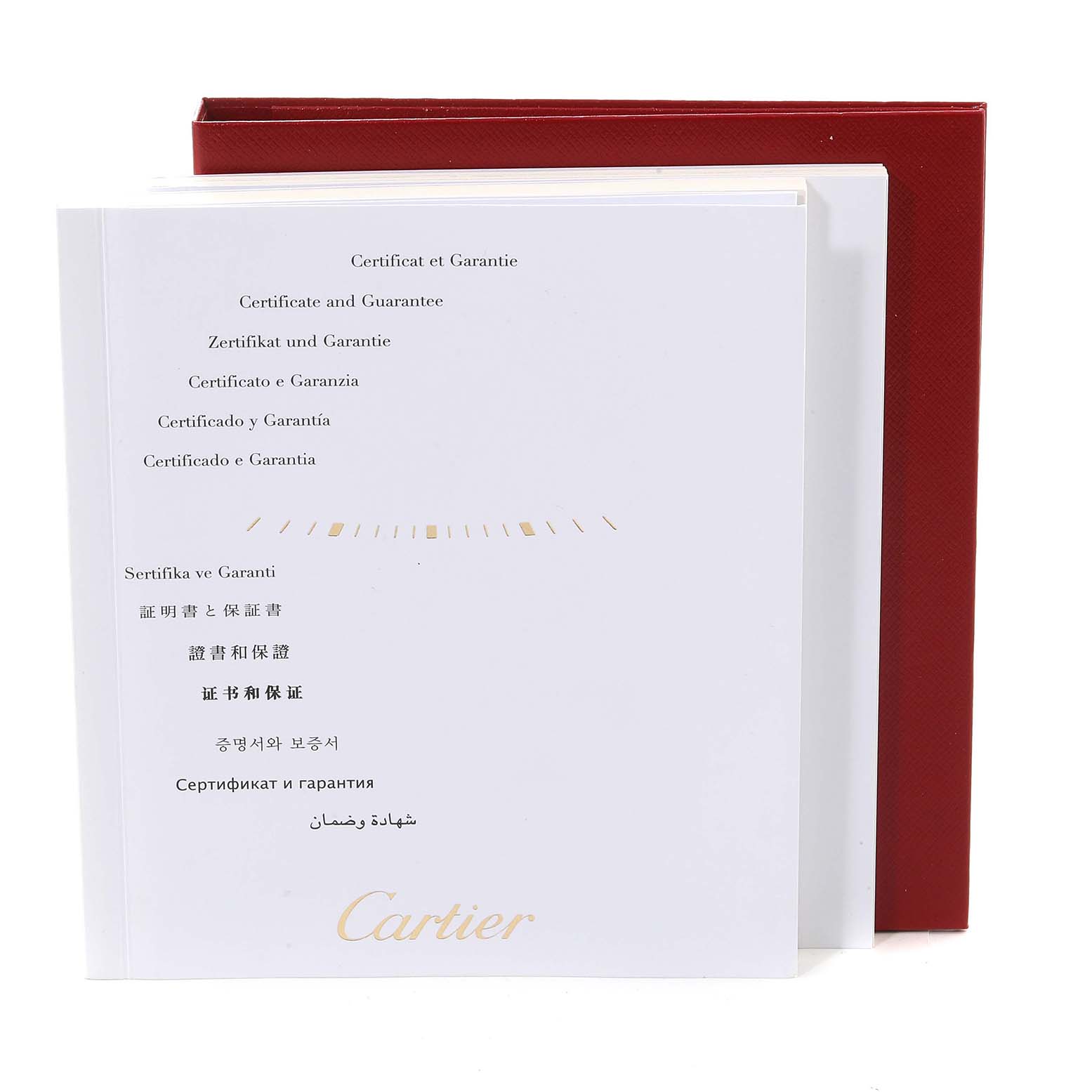 This image shows the certificate and guarantee booklets for the Calibre de Cartier model by Cartier, along with a red case.