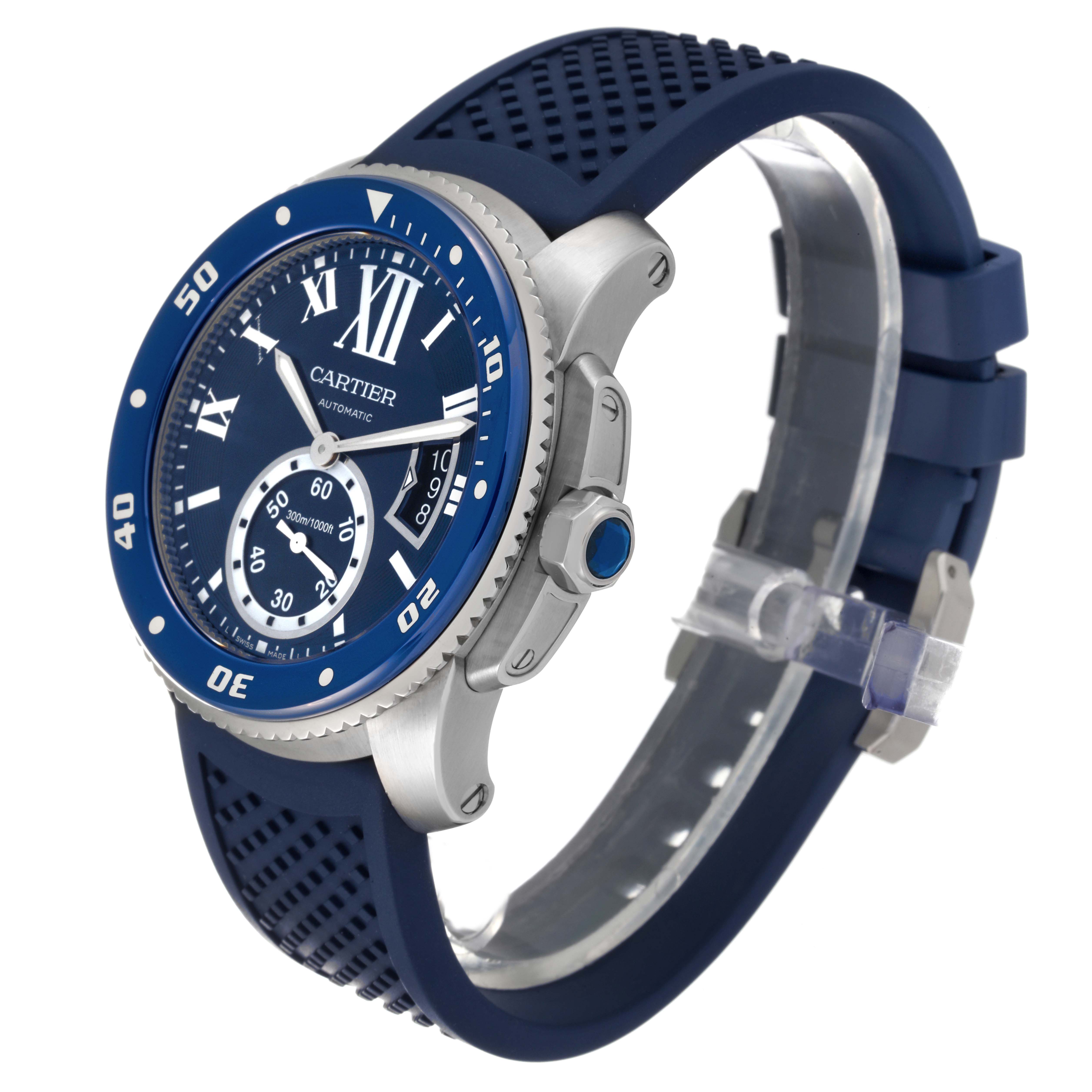 The image shows a side angle of the Calibre de Cartier watch by Cartier, highlighting the face, bezel, crown, and strap.