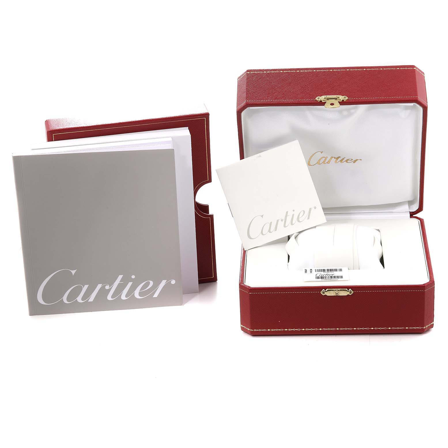 The image shows the packaging, manuals, and case for a Cartier Pasha W31077M7 Men
s Stainless Steel Black Dial W31077M7 Men
s Stainless Steel Black Dial watch.