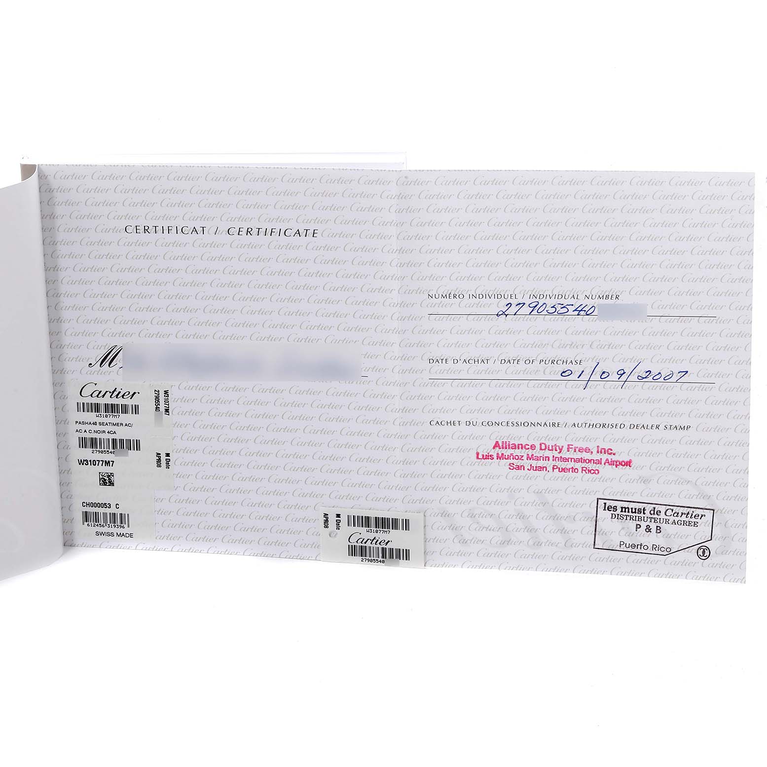 The image shows a certificate and warranty card for the Pasha model watch by Cartier.