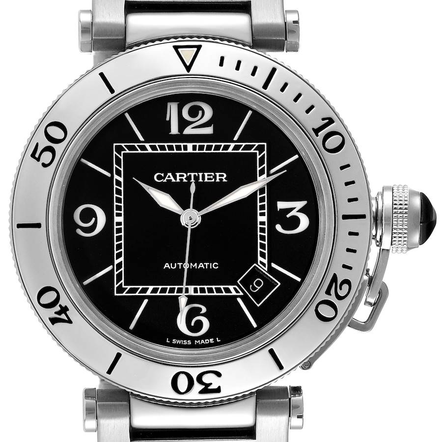 Cartier Pasha Seatimer Black Dial Automatic Steel Mens Watch W31077M7 Box Papers SwissWatchExpo