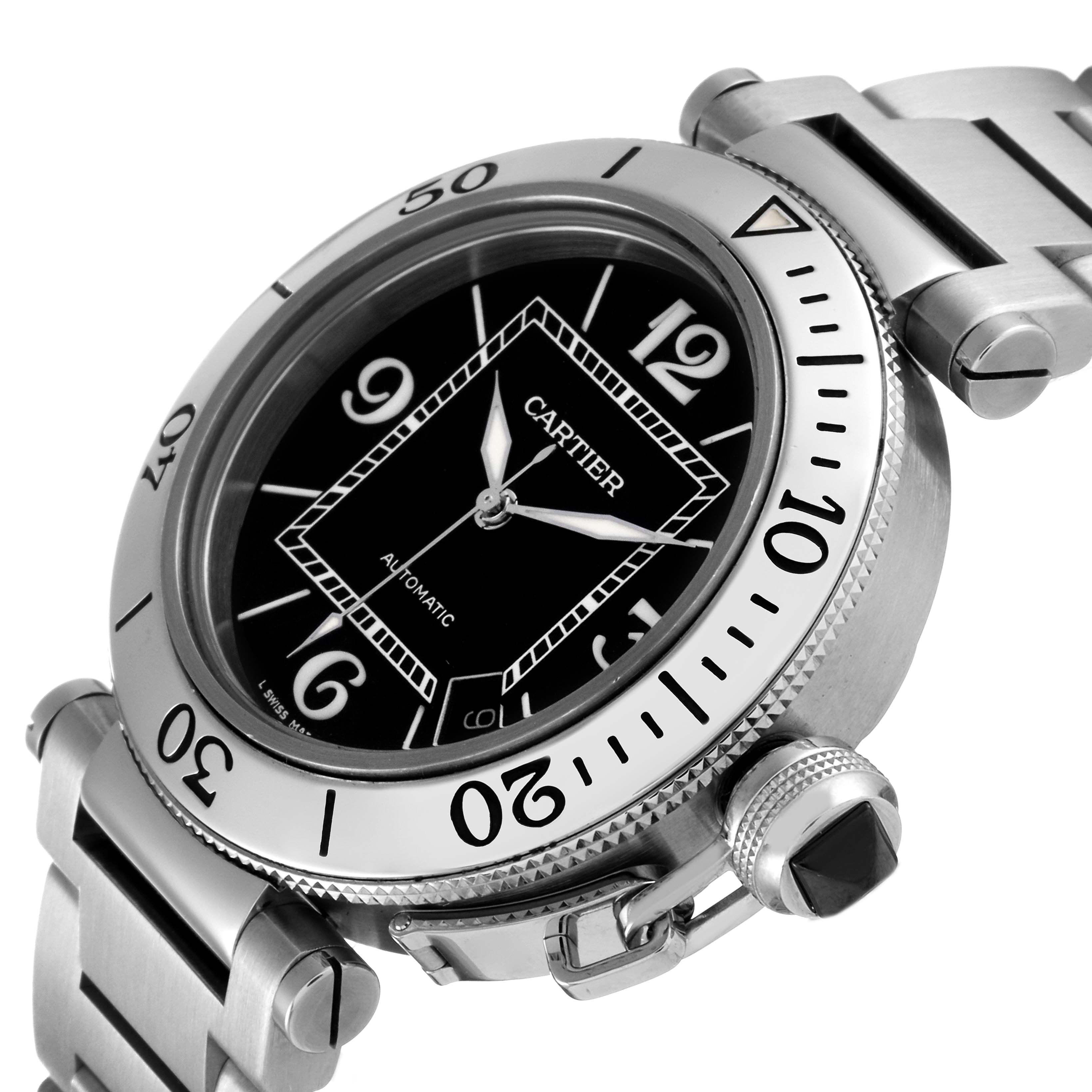This image shows a close-up, angled view of the Cartier Pasha W31077M7 Men
s Stainless Steel Black Dial W31077M7 Men
s Stainless Steel Black Dial watch, highlighting the bezel, dial, and bracelet.