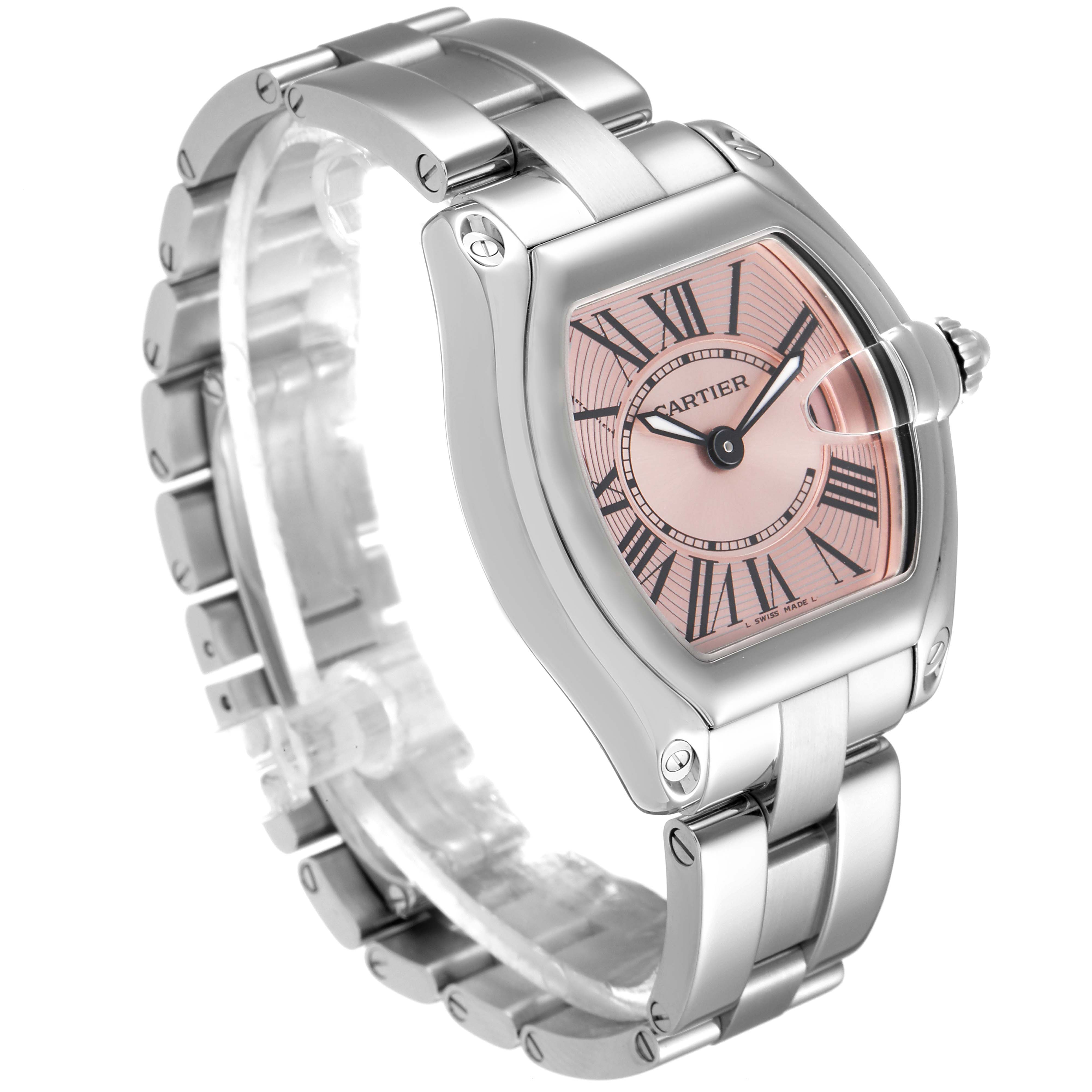 The Cartier Roadster W62017V3 Women's Stainless Steel Pink Dial W62017V3 Women's Stainless Steel Pink Dial watch is shown at a three-quarter angle, highlighting the face, crown, and metal bracelet.