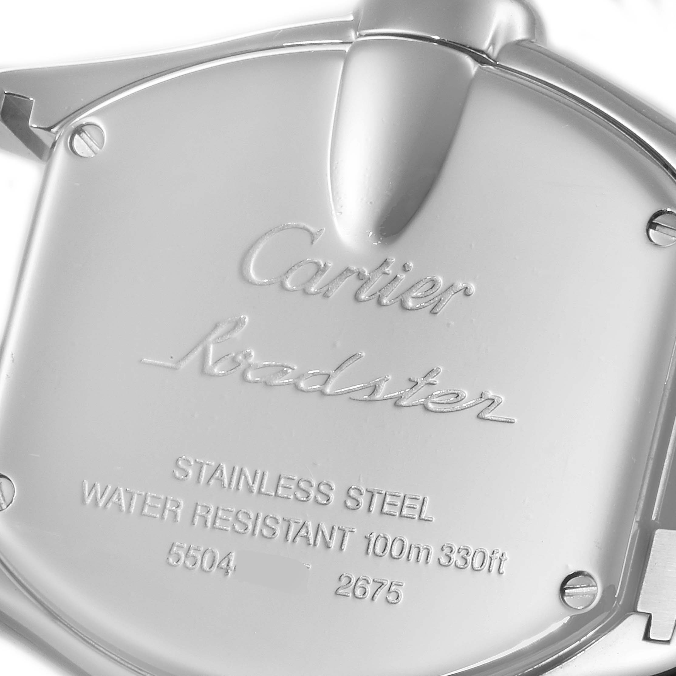 The image shows the back case of a Cartier Roadster W62017V3 Women's Stainless Steel Pink Dial W62017V3 Women's Stainless Steel Pink Dial watch, featuring model details and specifications.