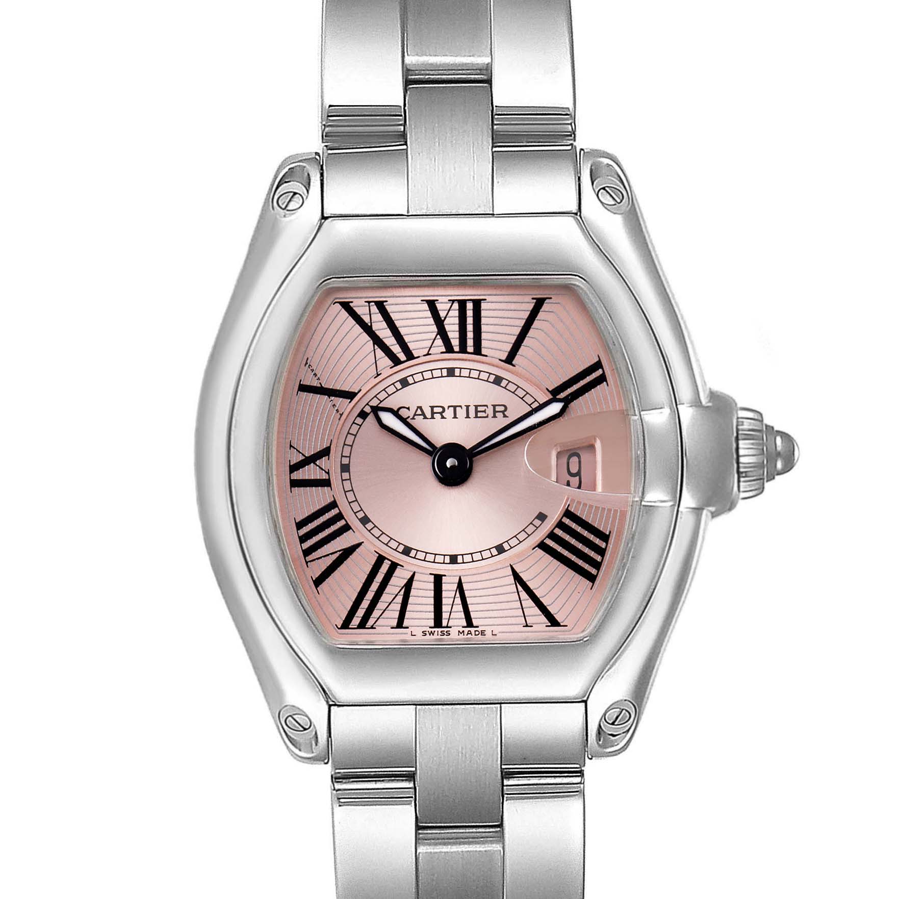 This Cartier Roadster W62017V3 Women's Stainless Steel Pink Dial W62017V3 Women's Stainless Steel Pink Dial watch is shown from a front angle, displaying its face, bezel, crown, and part of the bracelet.