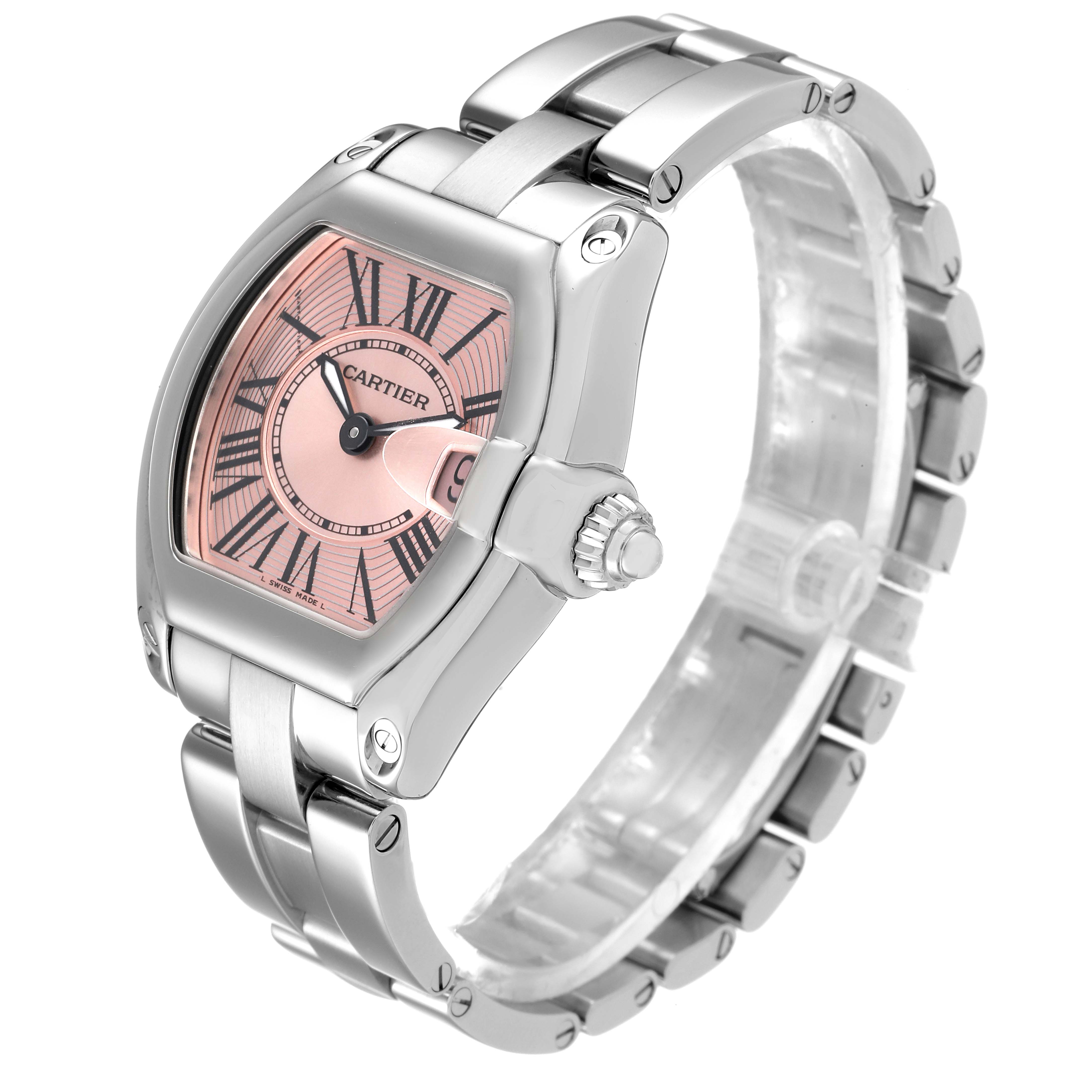 The image shows a Cartier Roadster W62017V3 Women's Stainless Steel Pink Dial W62017V3 Women's Stainless Steel Pink Dial watch in an angled view, highlighting its face, crown, and metal strap.