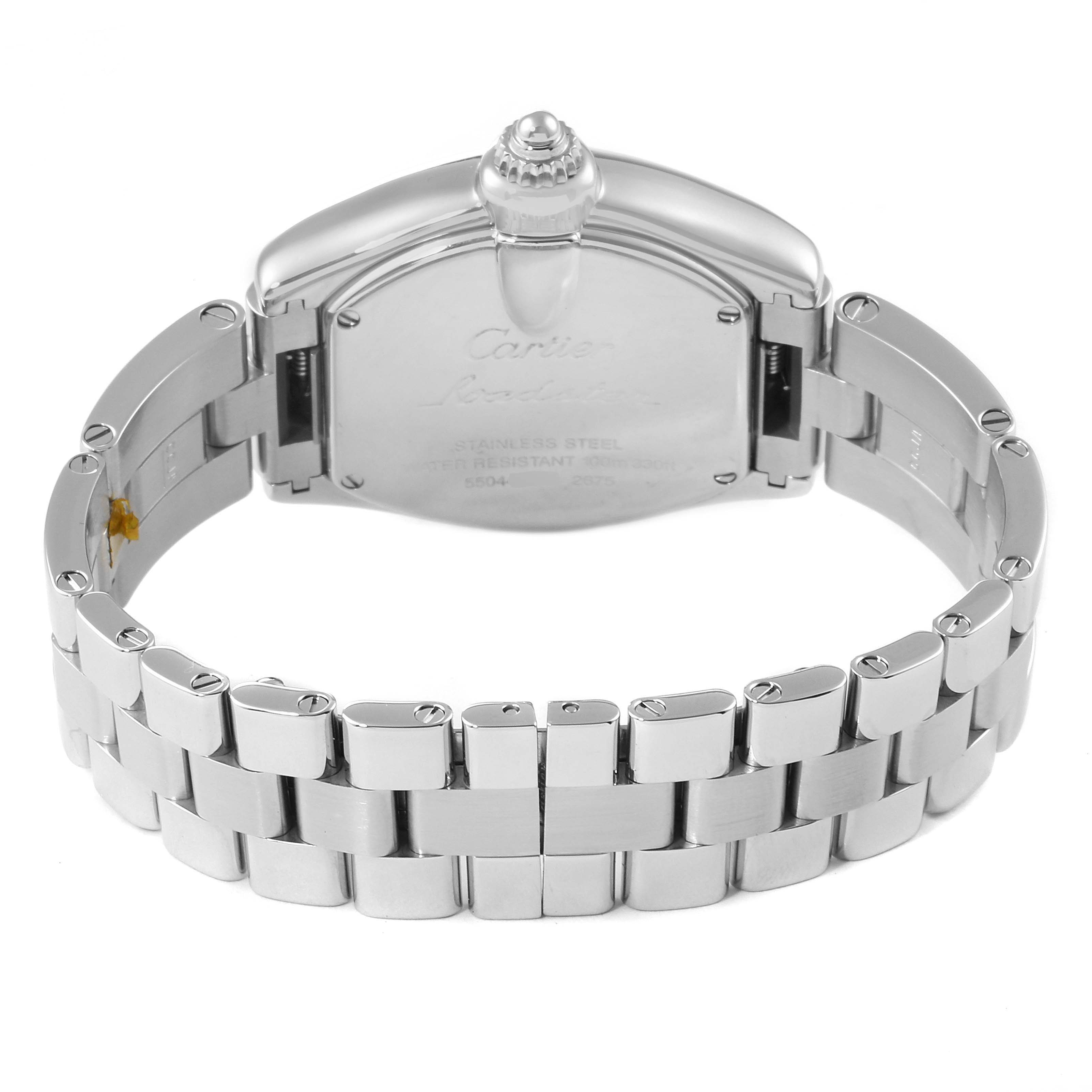 The image shows the back and bracelet of a Cartier Roadster W62017V3 Women's Stainless Steel Pink Dial W62017V3 Women's Stainless Steel Pink Dial watch from a rear angle.