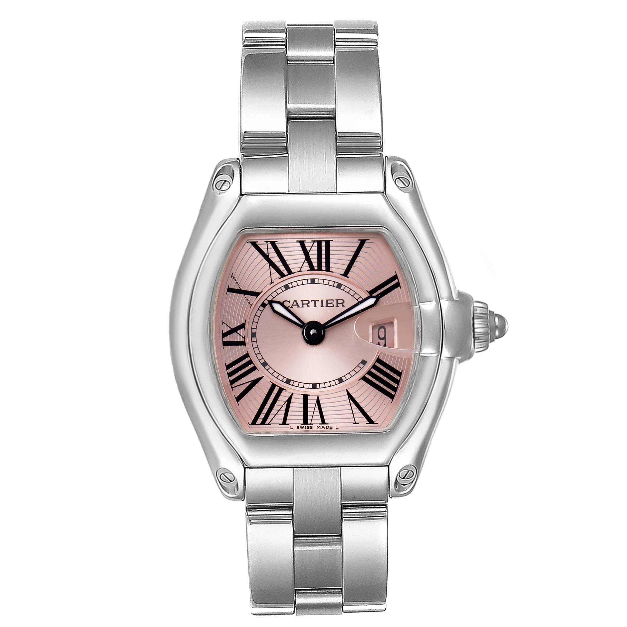 The image shows a Cartier Roadster W62017V3 Women's Stainless Steel Pink Dial W62017V3 Women's Stainless Steel Pink Dial watch from a top-down view, highlighting the dial, case, and bracelet.
