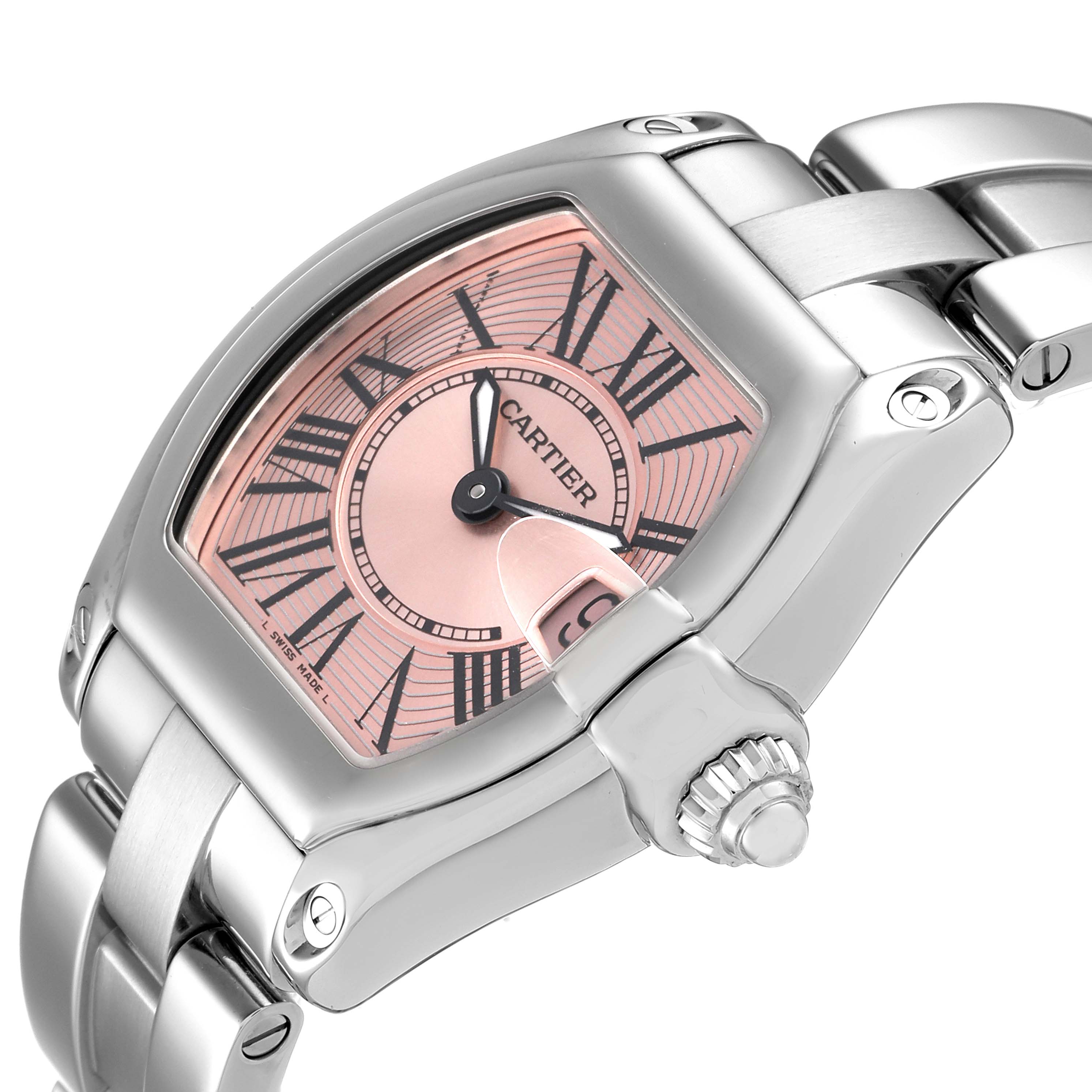 The image shows a close-up angle of a Cartier Roadster W62017V3 Women's Stainless Steel Pink Dial W62017V3 Women's Stainless Steel Pink Dial watch, highlighting the pink dial, Roman numerals, and stainless steel bracelet.