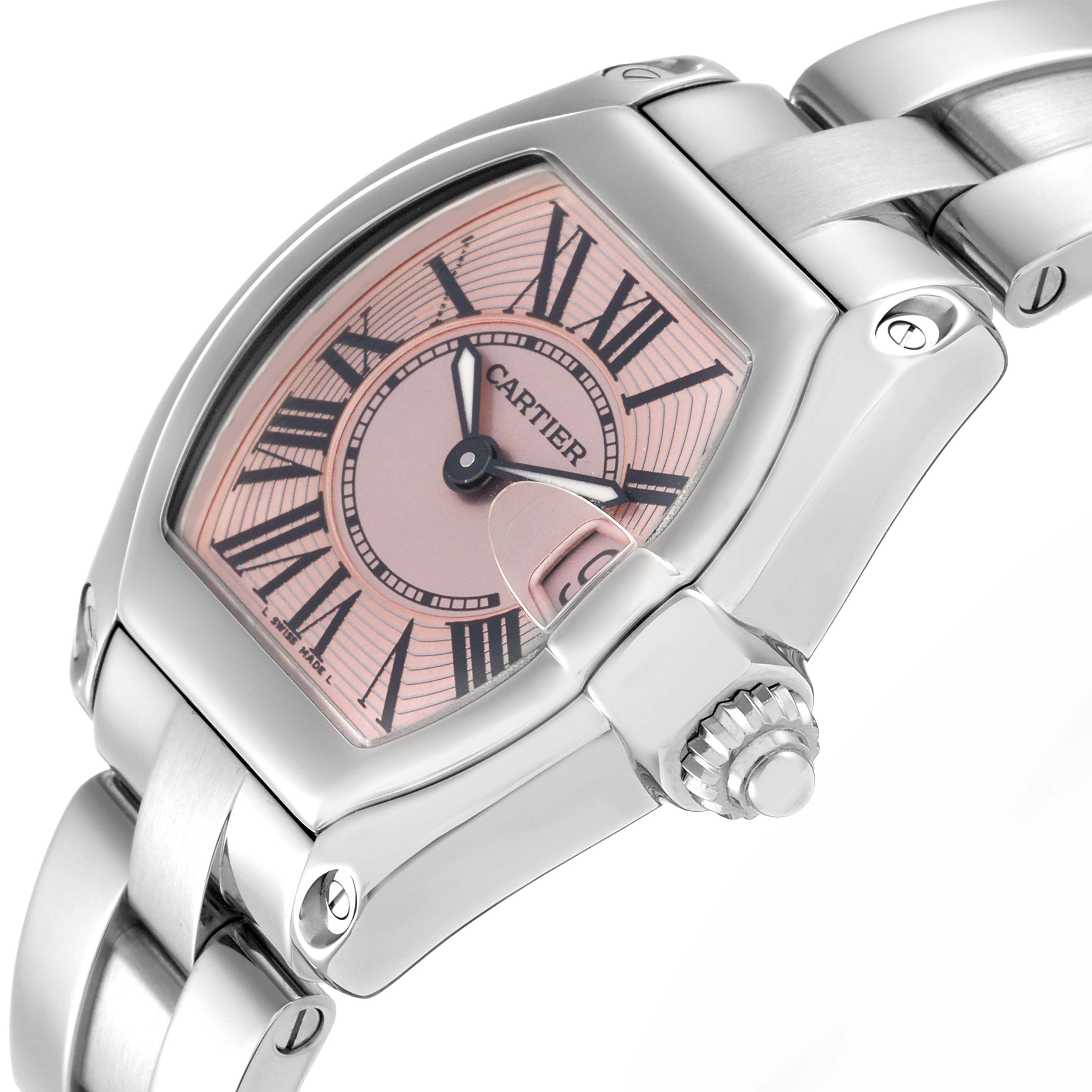 The Cartier Roadster W62017V3 Women
s Stainless Steel Pink Dial W62017V3 Women
s Stainless Steel Pink Dial watch is shown at an angle highlighting its face, bezel, crown, and part of the bracelet.