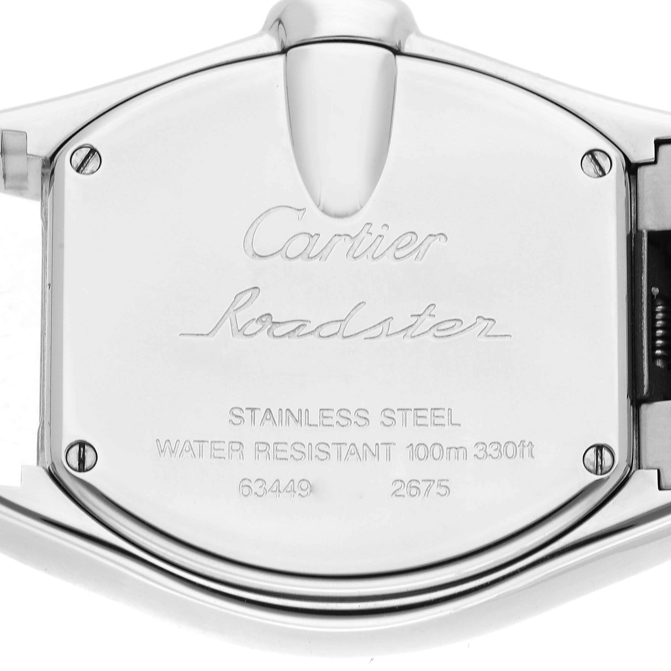 The image shows the back case of a Cartier Roadster W62017V3 Women
s Stainless Steel Pink Dial W62017V3 Women
s Stainless Steel Pink Dial, highlighting its stainless steel and water resistance features.
