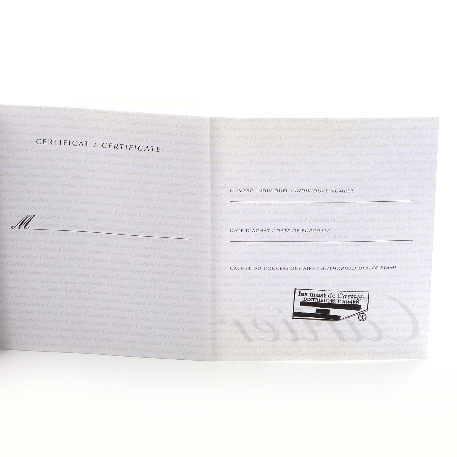 The image shows an open certificate for the Cartier Roadster W62017V3 Women
s Stainless Steel Pink Dial W62017V3 Women
s Stainless Steel Pink Dial, displaying individual number and purchase details.