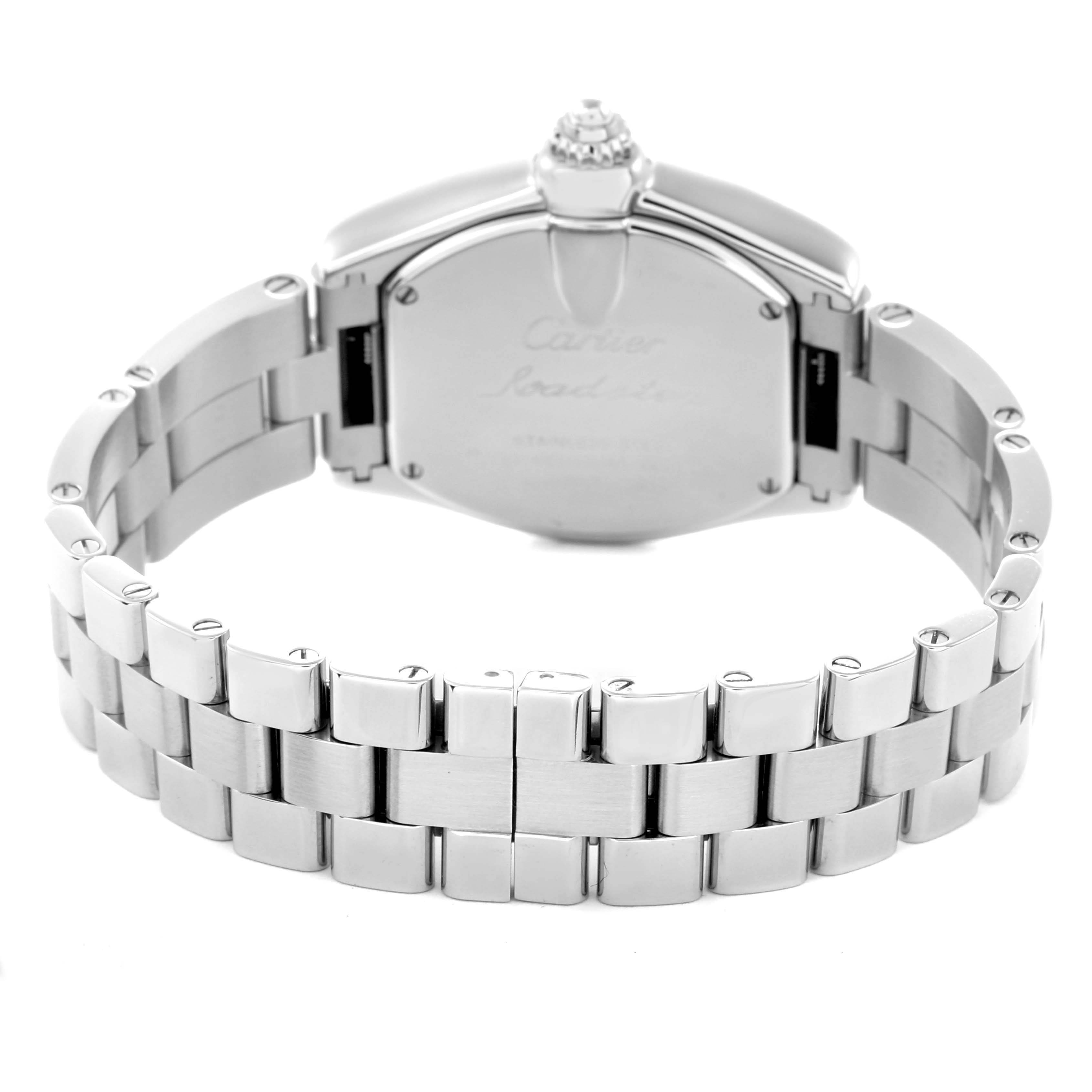 The Cartier Roadster W62017V3 Women
s Stainless Steel Pink Dial W62017V3 Women
s Stainless Steel Pink Dial watch is shown from the back, displaying its caseback and metal bracelet.