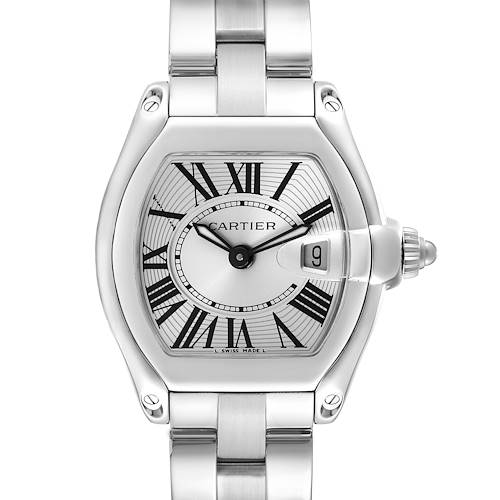 The image shows a frontal view of the Cartier Roadster watch highlighting its dial, bezel, and part of the bracelet.