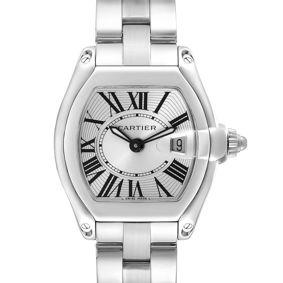 The Cartier Roadster watch is shown from the front, highlighting the dial, bezel, and part of the bracelet.