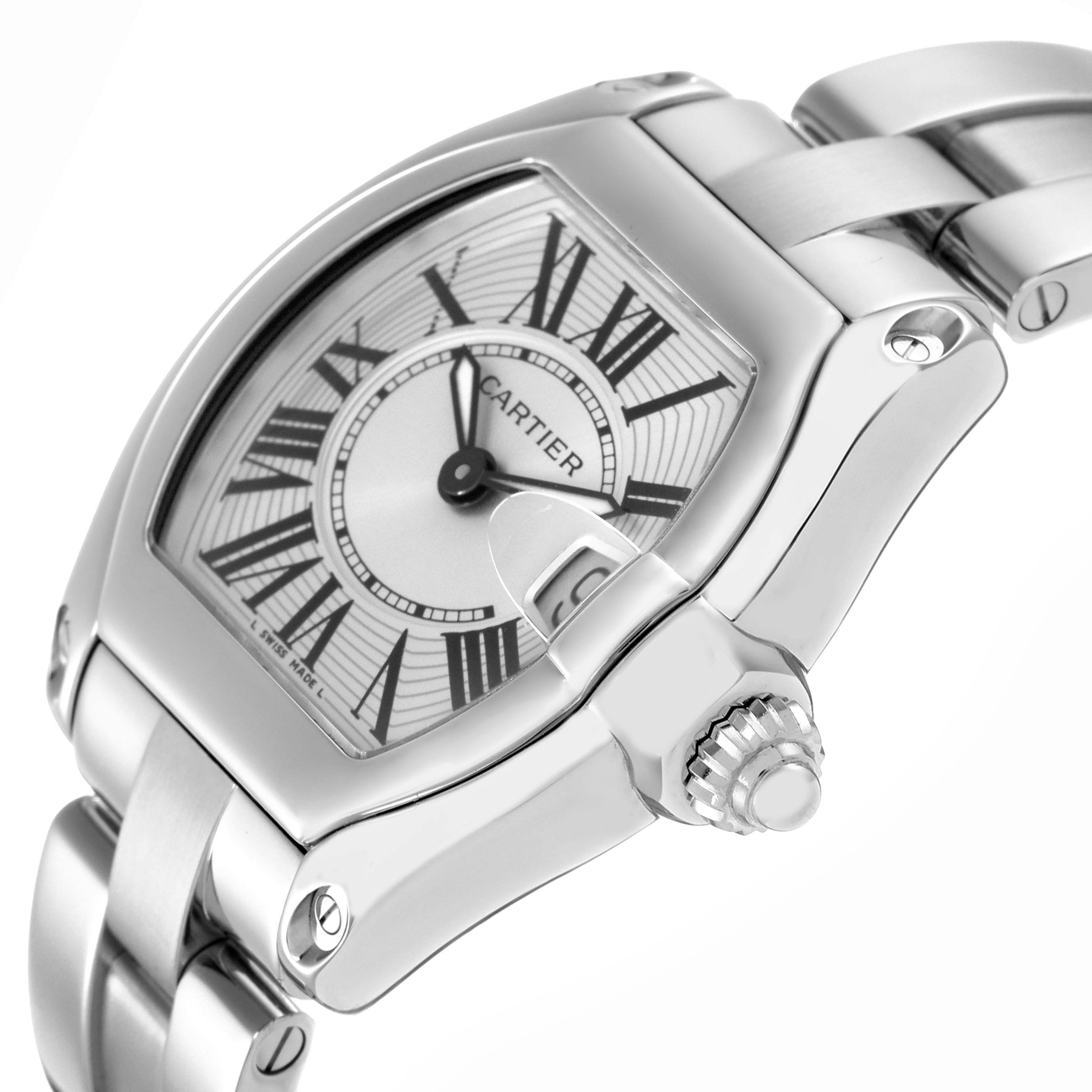 The Cartier Roadster W62016V3 Women
s Stainless Steel Silver Dial W62016V3 Women
s Stainless Steel Silver Dial watch is shown at a slight angle, highlighting the face, crown, and part of the bracelet.