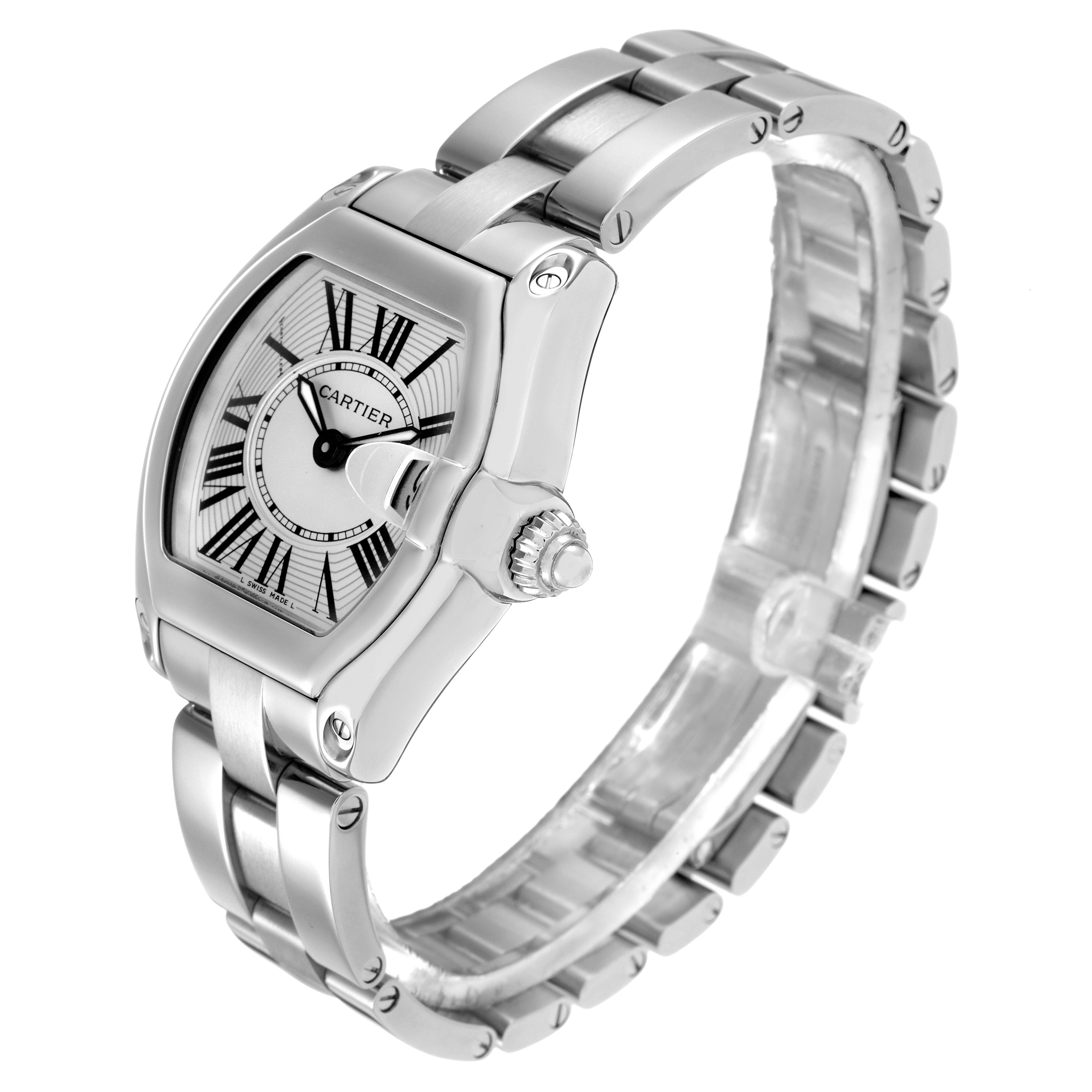 The Cartier Roadster W62016V3 Women
s Stainless Steel Silver Dial W62016V3 Women
s Stainless Steel Silver Dial watch is shown at a three-quarter angle, displaying the dial, crown, and bracelet side.